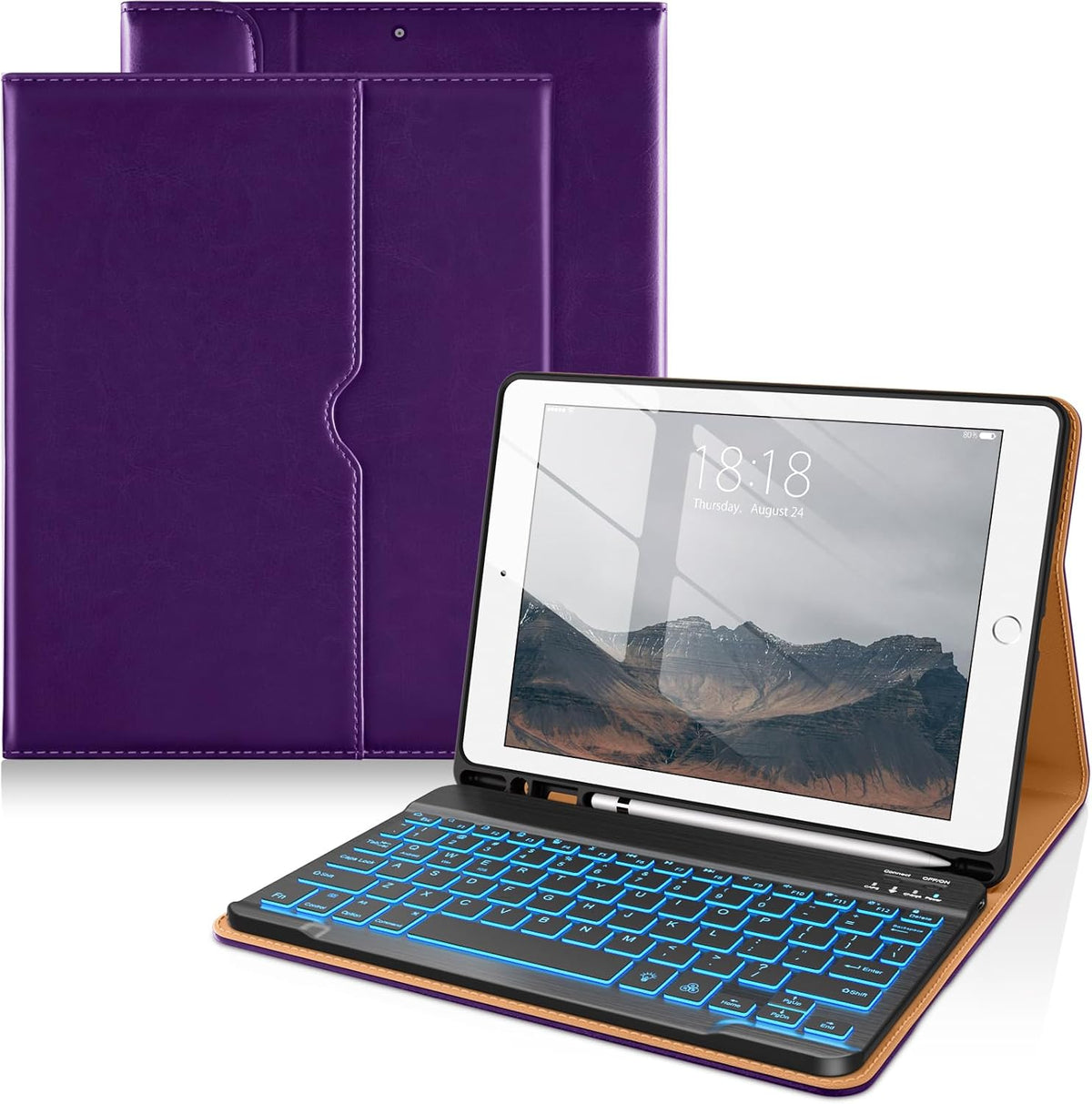 DTTO for iPad 9th/8th/7th Generation 10.2" Case 2021/2020/2019 with Keyboard, 7 Colors Backlit Wireless Detachable Keyboard Premium Leather Folio Cover with Pencil Holder & Pocket, Dark Purple