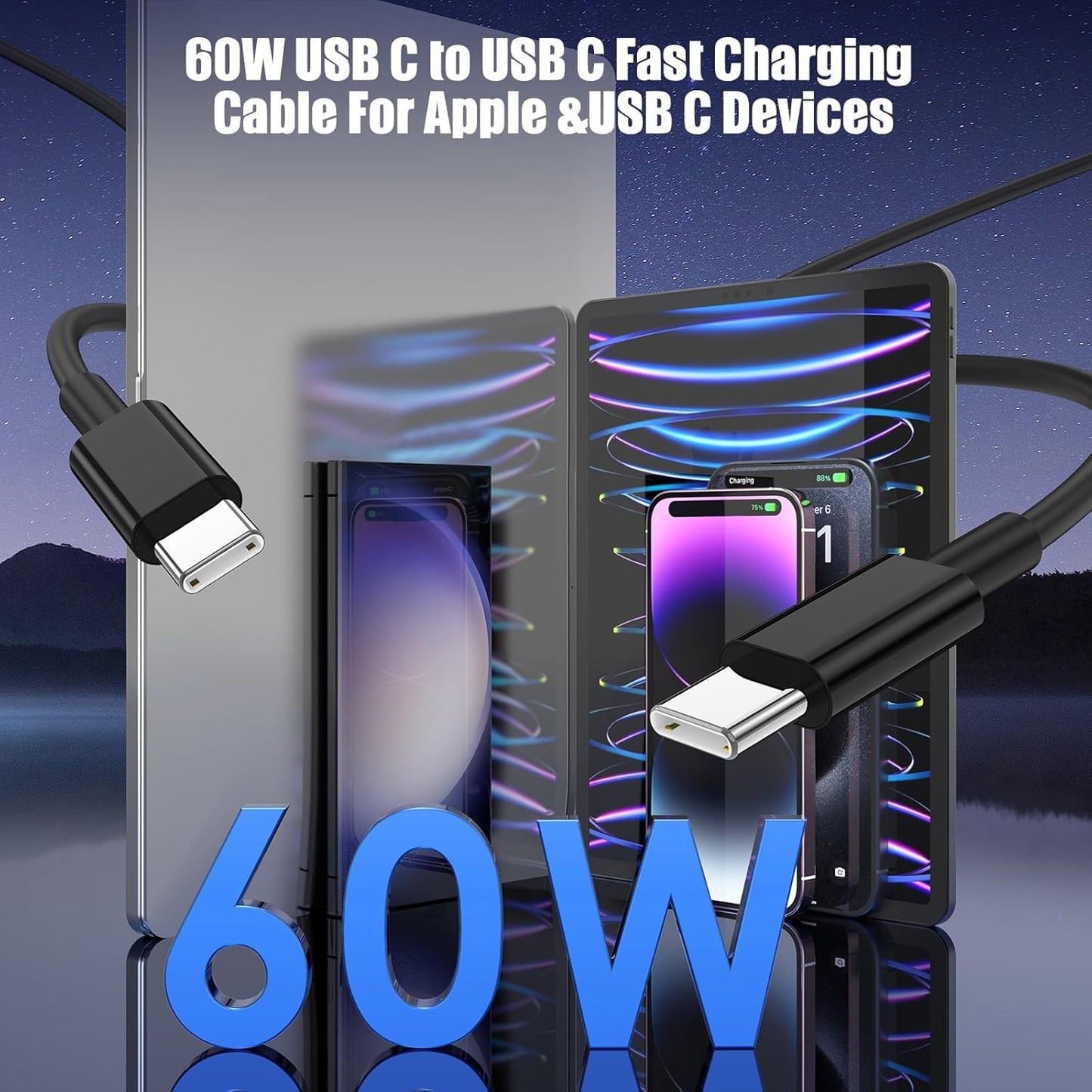 3-Pack Black [3.3FT+6.6FT+6.6FT] 60W USB C to USB C Cable, Type C Fast Charging Cable for iPhone 16 15 Pro Plus Pro Max，for Galaxy S24 S23, for iPad Pro/Air, for MacBook Pro/Air and More