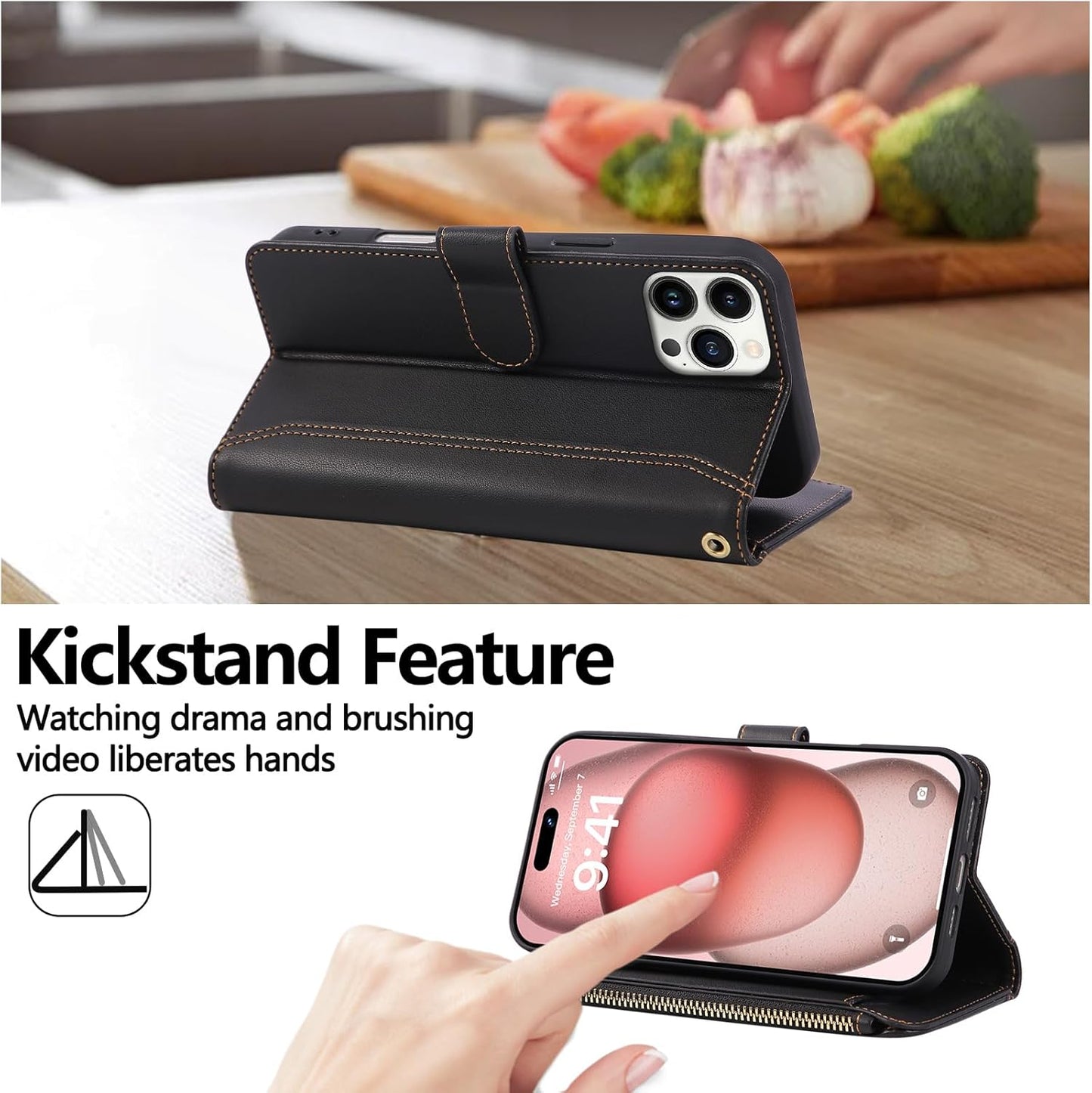 Compatible with iPhone 15 Pro Wallet Phone Case-PU Leather Magnetic Flip Cover with Credit Card Slots,Zipper Pocket & Detachable Wrist Strap,Shockproof Design,for Women and Men-Black