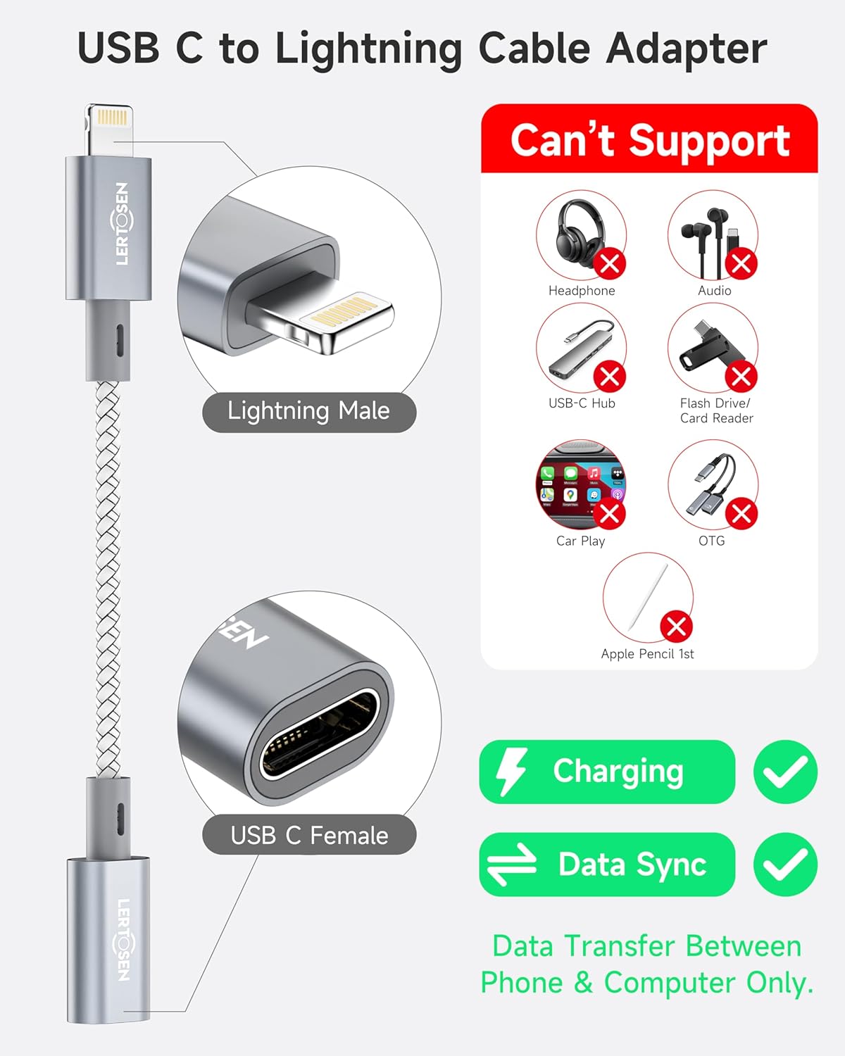 2 Pack 27W USB C to Lightning Cable Adapter, PD Fast Charging & Data Transfer, Type C Female to Lightning Male Charger Converter Cord for iPhone 14/13/12/11,iPad, Airpods,Not for Audio/Headphone/OTG