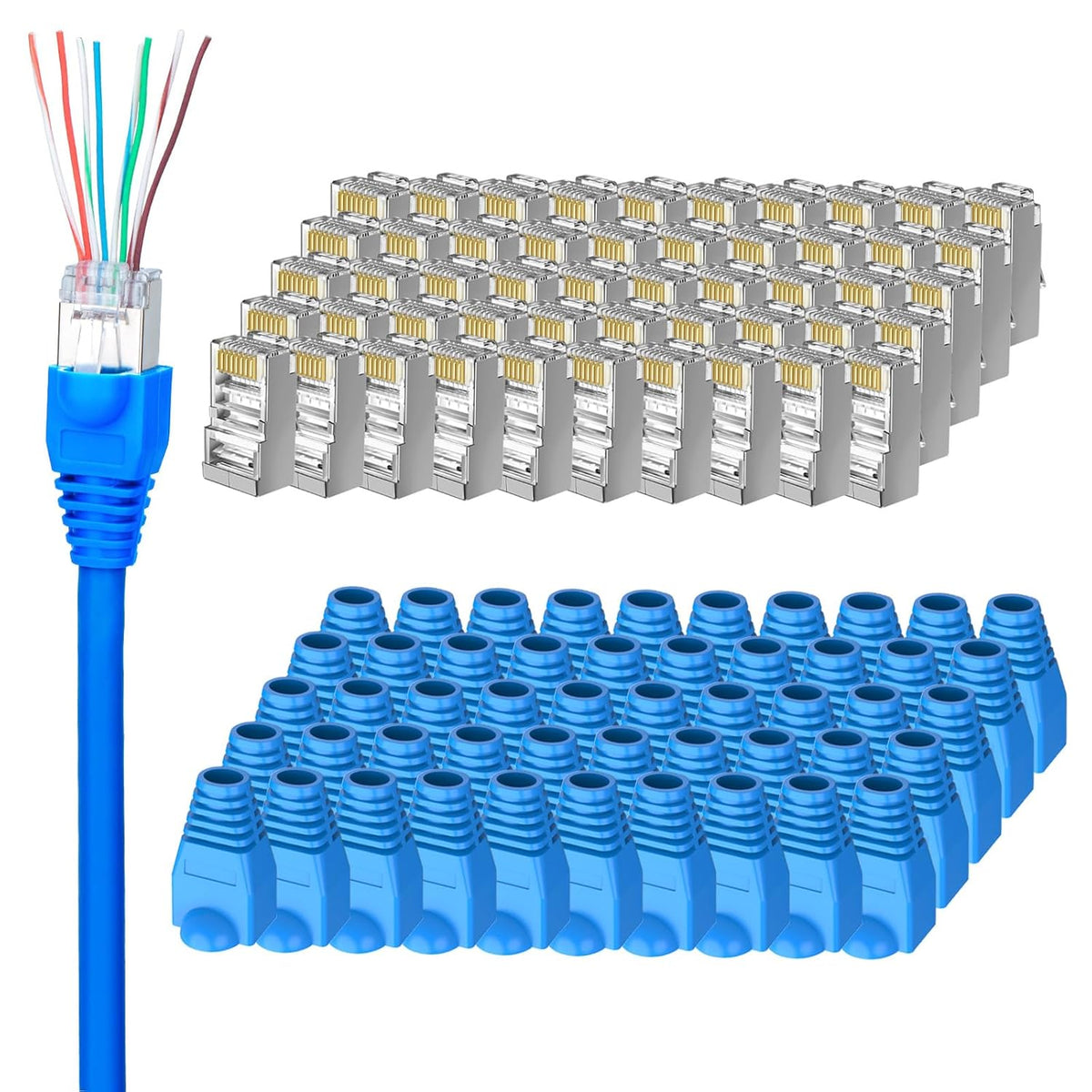 100-Pack Cat 6 Pass Through Shielded RJ45 Connectors with RJ45 Boots Cover (Cat6 Connector/ Cat5e Connector/Ethernet Ends/Cat 6 Ends/ RJ45 Modular Plugs) for Solid or Stranded STP Cable