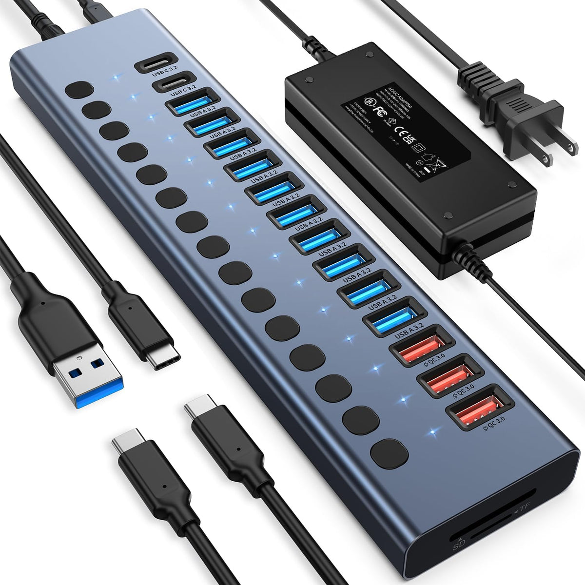 Powered USB Hub 10Gbps, 17 Ports 96W USB 3.2 Hub(10 USB-A 3.2 Ports+3 QC 24W Fast Charging Ports+2 USB-C 3.2 Ports+SD/TF Card Reader), 12V/8A Power Adapter for Laptop, PC, Computer, HDD,Flash Drive
