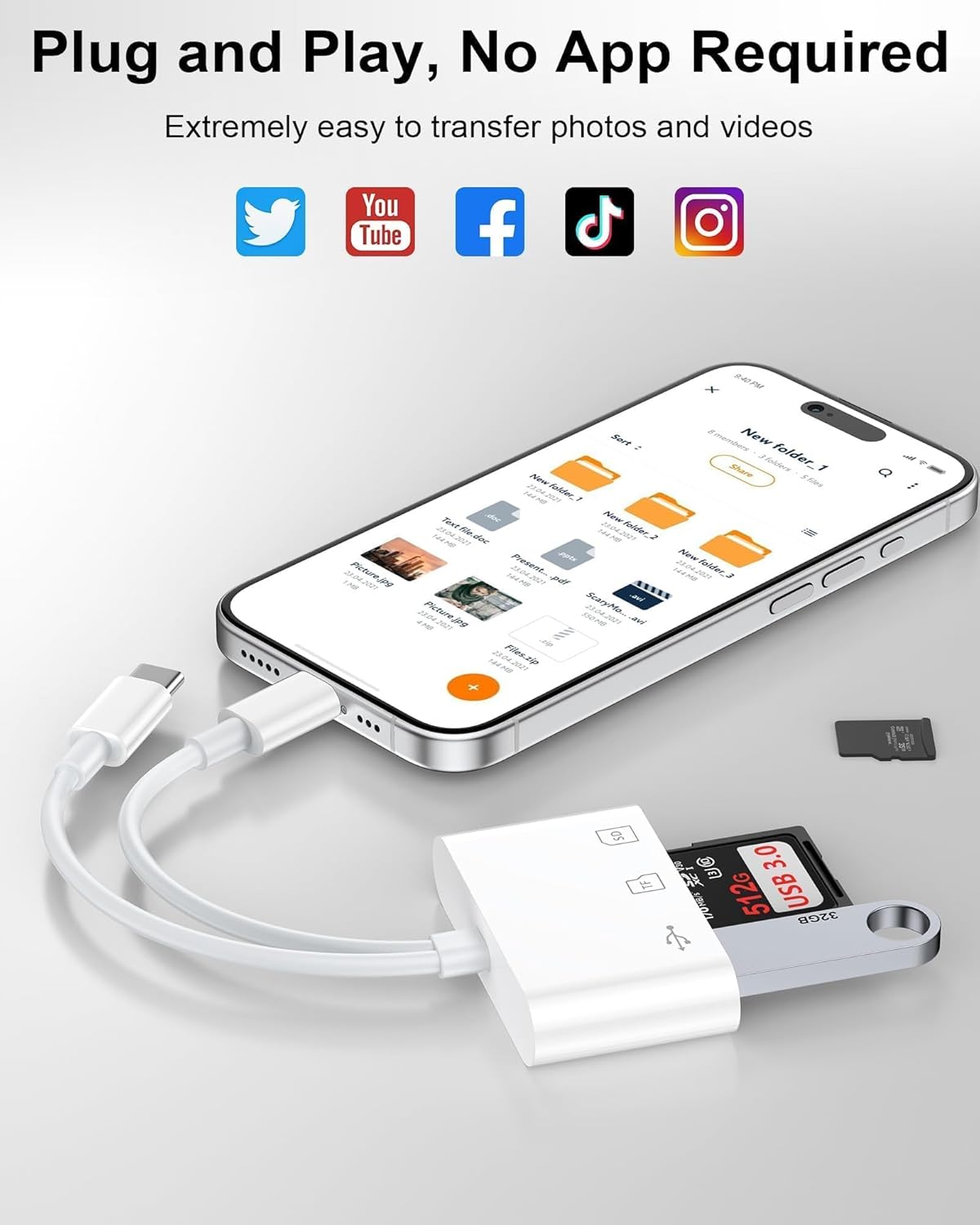 SD Card Reader for iPhone/iPad/Mac, USB C and Lightning Dual Port Memory Card Adapter, 3-in-1 Camera SD Card Viewer Support SD, Micro SD, USB 3.0 Slot, Digital Camera Adapter for Samsung and Android