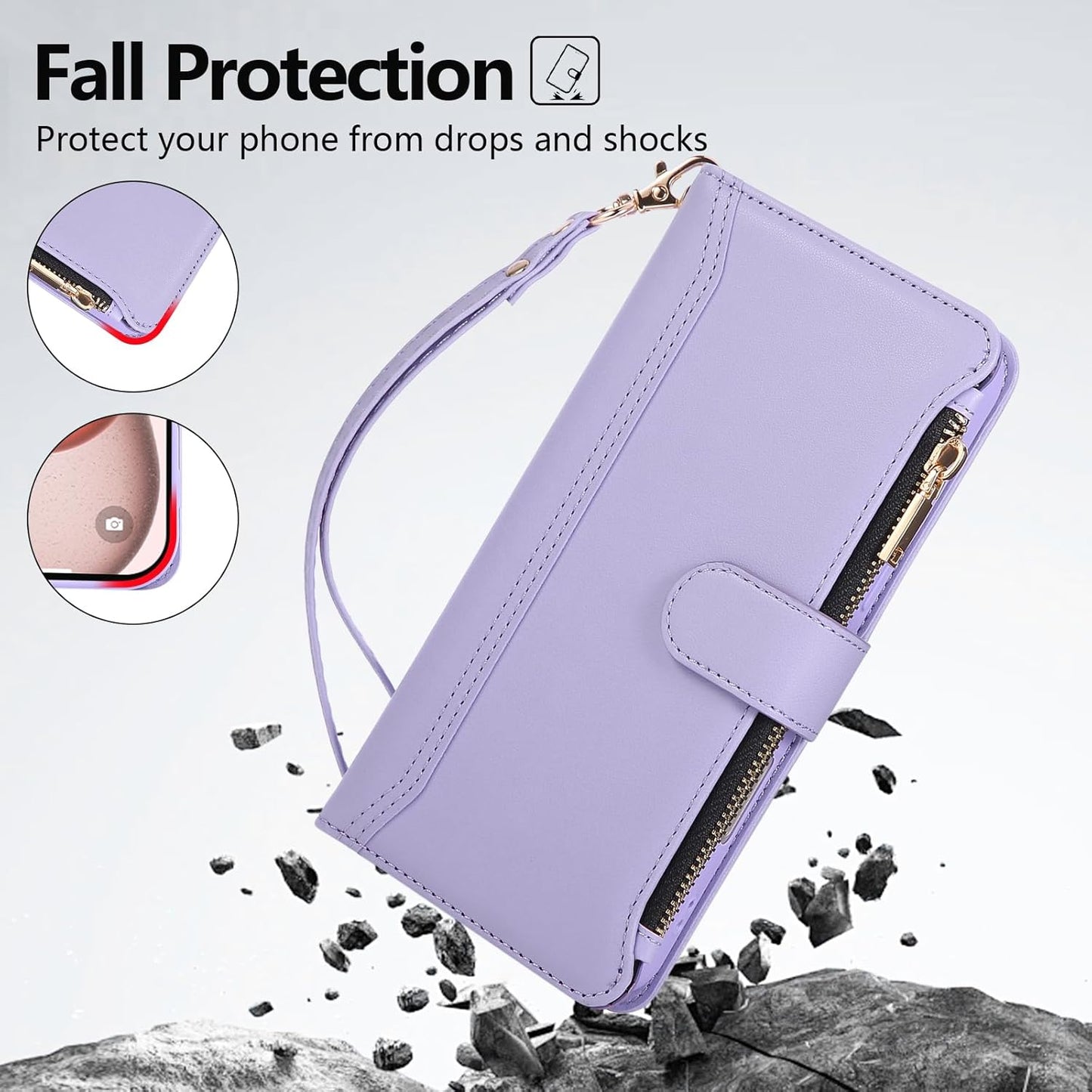 Compatible with iPhone 12 Pro Max Wallet Phone Case-PU Leather Magnetic Flip Cover with Credit Card Slots,Zipper Pocket & Detachable Wrist Strap,Shockproof Design,for Women and Men-Purple