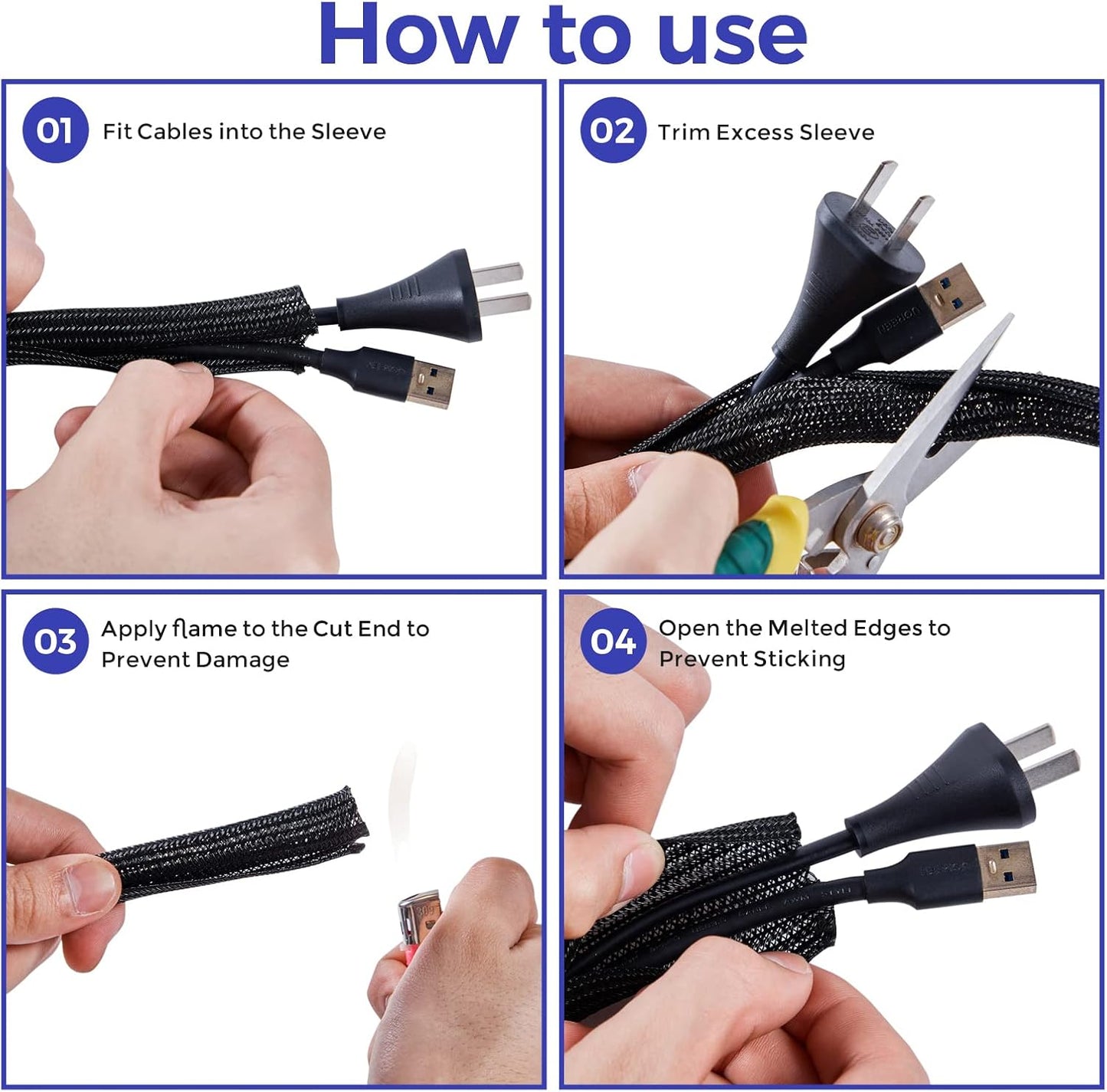 Cable Management Sleeves 1.2in - 2 Pack 4.1ft Split Braided Sleeve White, Hard PE Protectors From Pets, Wire Organizers, Flexible Wrap for Computer Cord Management