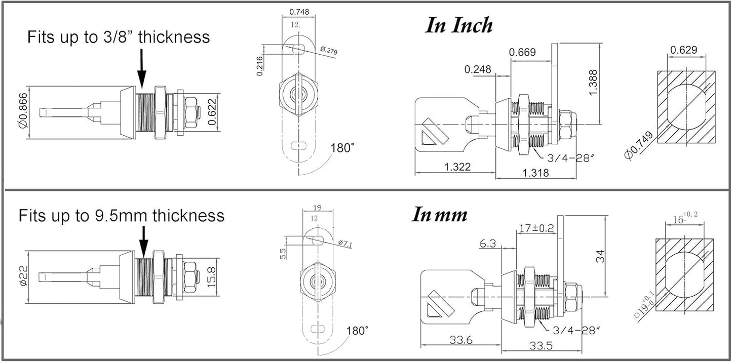 Admiral Locks Tubular Cam Lock, Keyed Alike Removable Key RV Compartment Storage Lock Cabinet Locks (Chrome Pack of 2, 5/8" 180°)