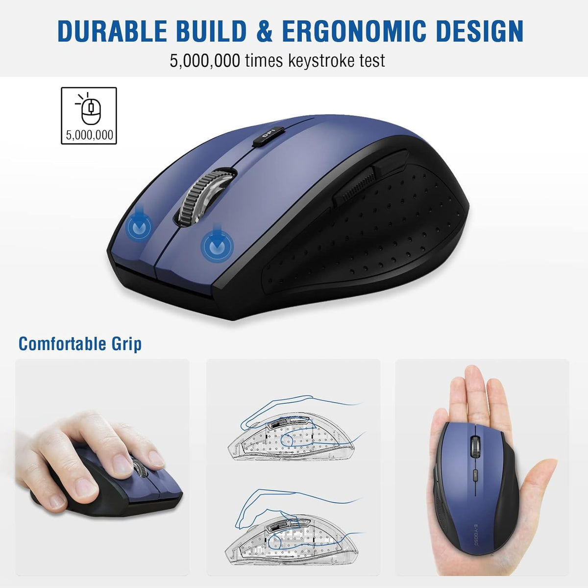 E-YOOSO Wireless Mouse for Laptop, Portable Optical Computer Mouse, 6 Buttons, Cordless 2.4GHz with USB Receiver, 5-Level 4800 DPI, 18 Months Battery Life, for PC, Chromebook, Windows, Mac(Blue)