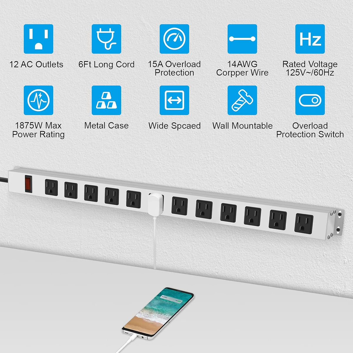 JUNNUJ Metal 12 Outlet Power Strip, Mountable Heavy Duty Power Strip, 1200J Surge Protector Wall Mount Screws Outlet with Switch, Gaming Desk Strips Wide Spaced 15A 125V 1875W, 6 FT 14AWG Power Cord