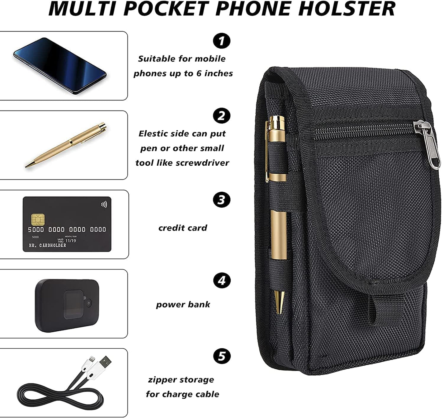 2 Packs Large Smartphone Pouch, Phone Pouch, Cell Phone Holster, Multi-Purpose Tool Holder, Tactical Carrying Case Belt Loop Pouch Men’s Waist Pocket for Hiking, Camping,Rescue Essential