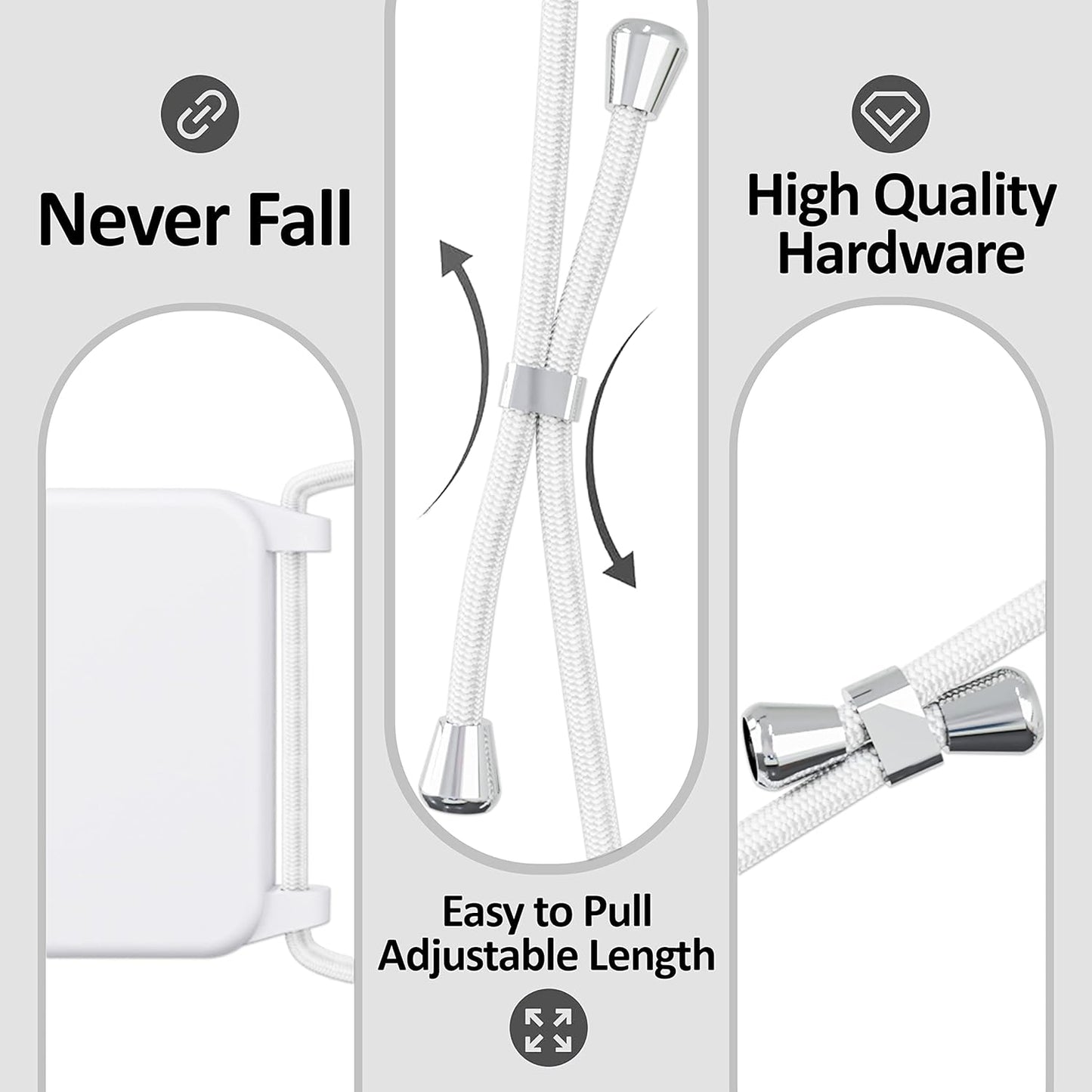 Blaspins Crossbody Lanyard Strap Case for iPhone 13 Pro, Neck Cross Body, Adjustable Holder Removable, Drop Protection Shockproof, Hands-Free Silicone Case 6.1 inch, 150 cm Strap, iP13Pro - White
