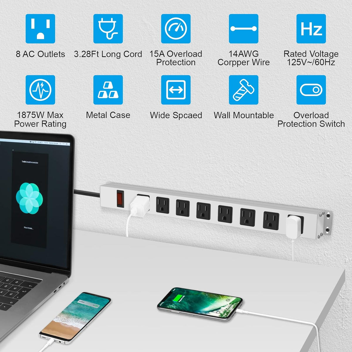 JUNNUJ Metal 8 Outlet Power Strip, Mountable Heavy Duty Power Strip, 1200J Surge Protector Wall Mount Screws Outlet with Switch, Gaming Desk Strips Wide Spaced 15A 125V 1875W, 3 FT 14AWG Power Cord