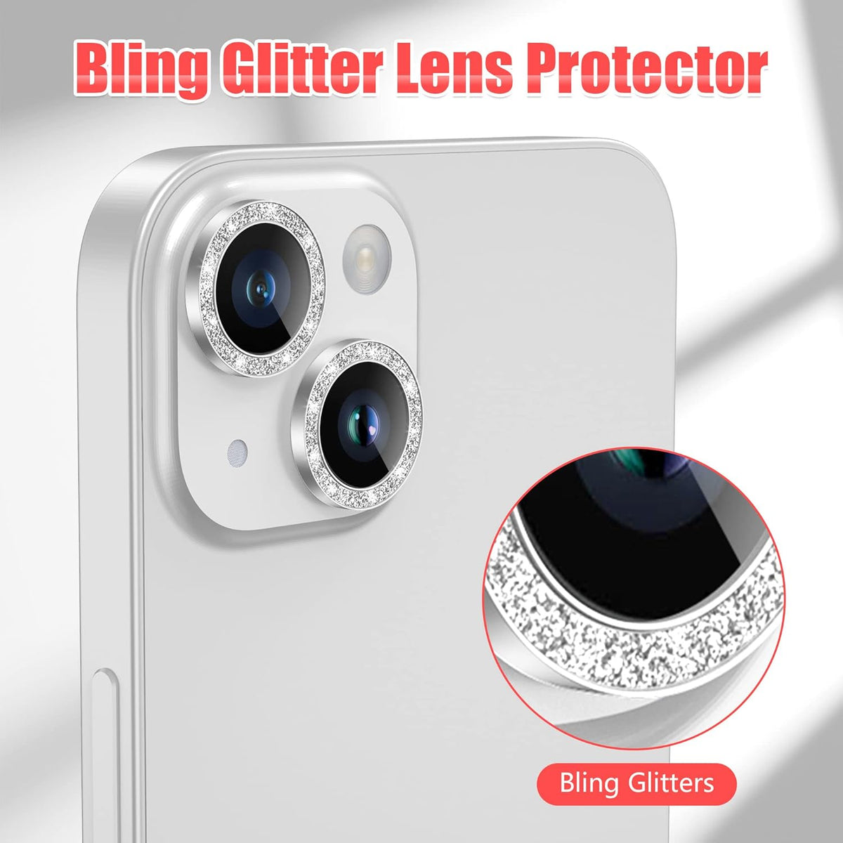 AGVEE 3+3 for iPhone 14 6.1" / 14 Plus 6.7" Camera Lens Protector, Bling Diamond & Bling Glitter Metal Ring 9H Tempered HD Glass Camera Protector Cover Film, Bling-Silver