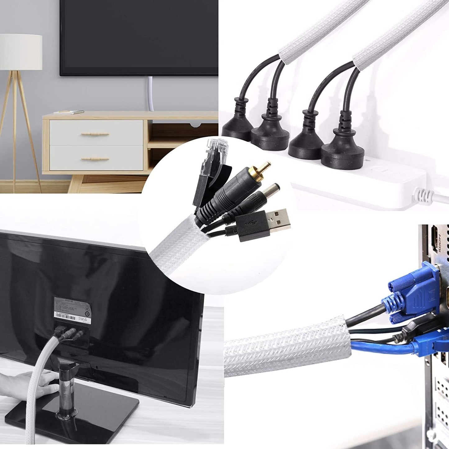 CrocSee 25ft - 3/8 inch Braided Cable Management Sleeve Cord Protector - Self-Wrapping Split Wire Loom for TV/Computer/Home Theater/Engine Bay - White