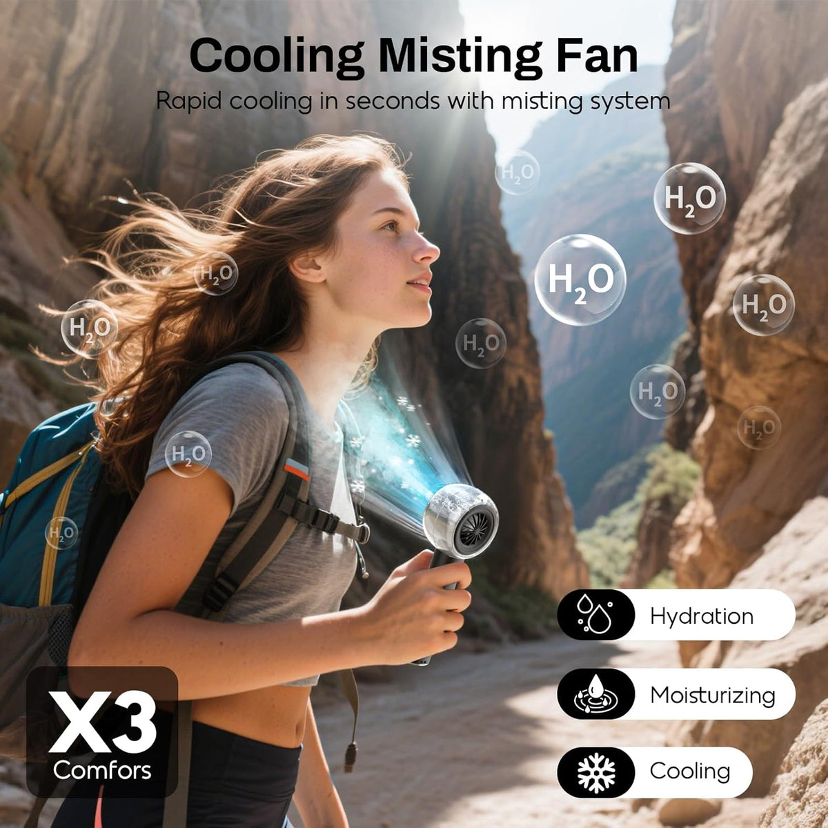 Misting Portable Handheld Fan, Powerful Turbo Motor, 6000mAh Rechargeable Battery, Personal Mini Fans with 4 Strong Wind, Cooling Gadgets for Travel, Camping, Beach, Outdoor, Gifts for Women Men-Black