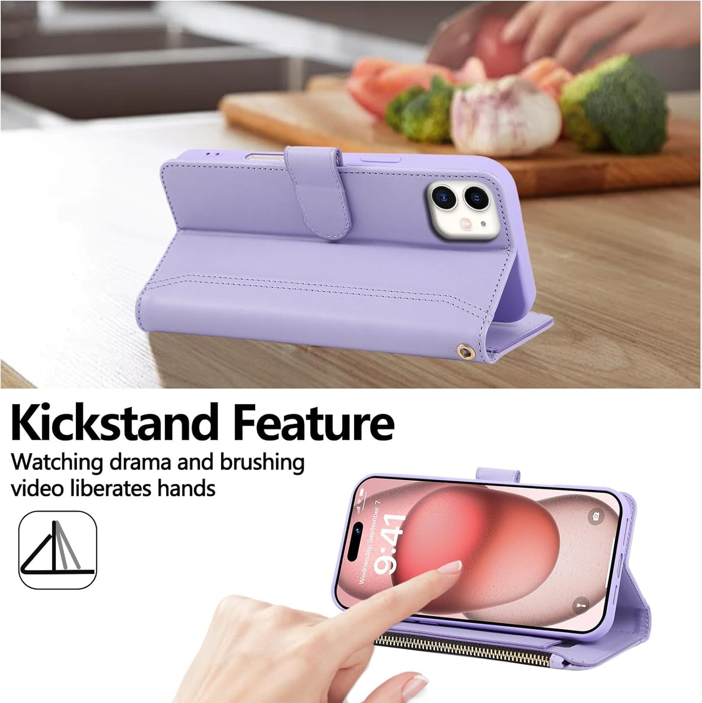 Compatible with iPhone 11 Wallet Phone Case-PU Leather Magnetic Flip Cover with Credit Card Slots,Zipper Pocket & Detachable Wrist Strap,Shockproof Design,for Women and Men-Purple