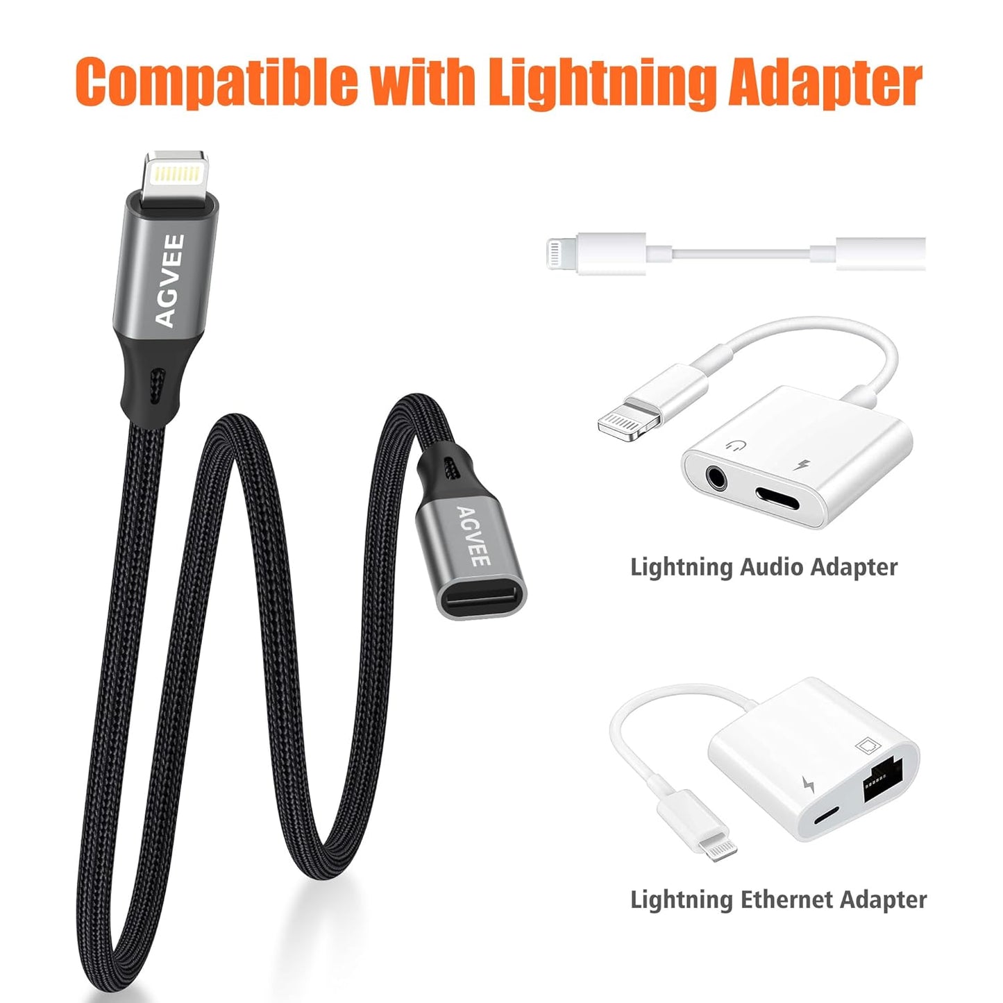 AGVEE 2 Pack 1ft Lightning Extension Cable, Braided Female to Male Extender Full Function Cord Compatible with iPhone iPad, Data Sync Video Audio & Charging Connector Adapter, Dark Gray