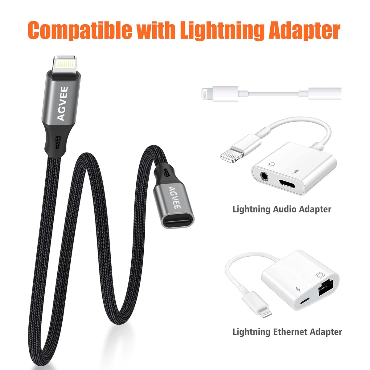 AGVEE 2 Pack 4 inch Lightning Extension Cable, Braided Female to Male Extender Full Function Cord Compatible with iPhone iPad, Data Sync Video Audio & Charging Connector Adapter, Dark Gray