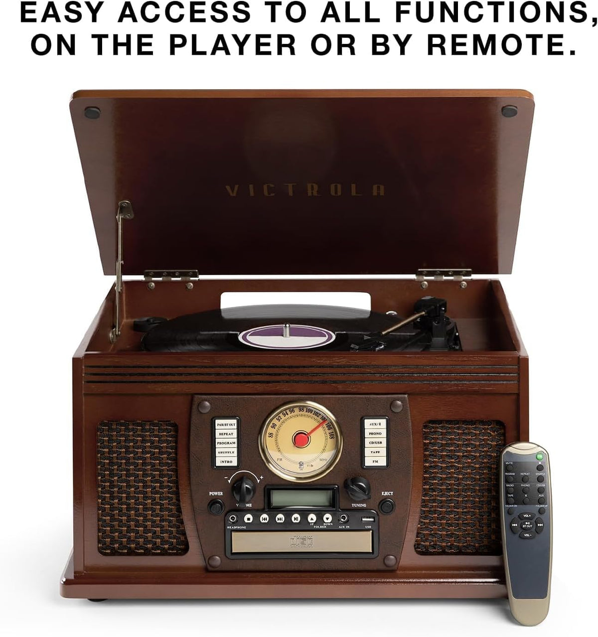 Victrola Navigator 8-in-1 Bluetooth Record Player with Built-in Speakers – 3 Speed Turntable, CD Player, Cassette, FM Radio, USB, RCA Out, Headphone Jack, Wireless Music Streaming, Real Wood (White)
