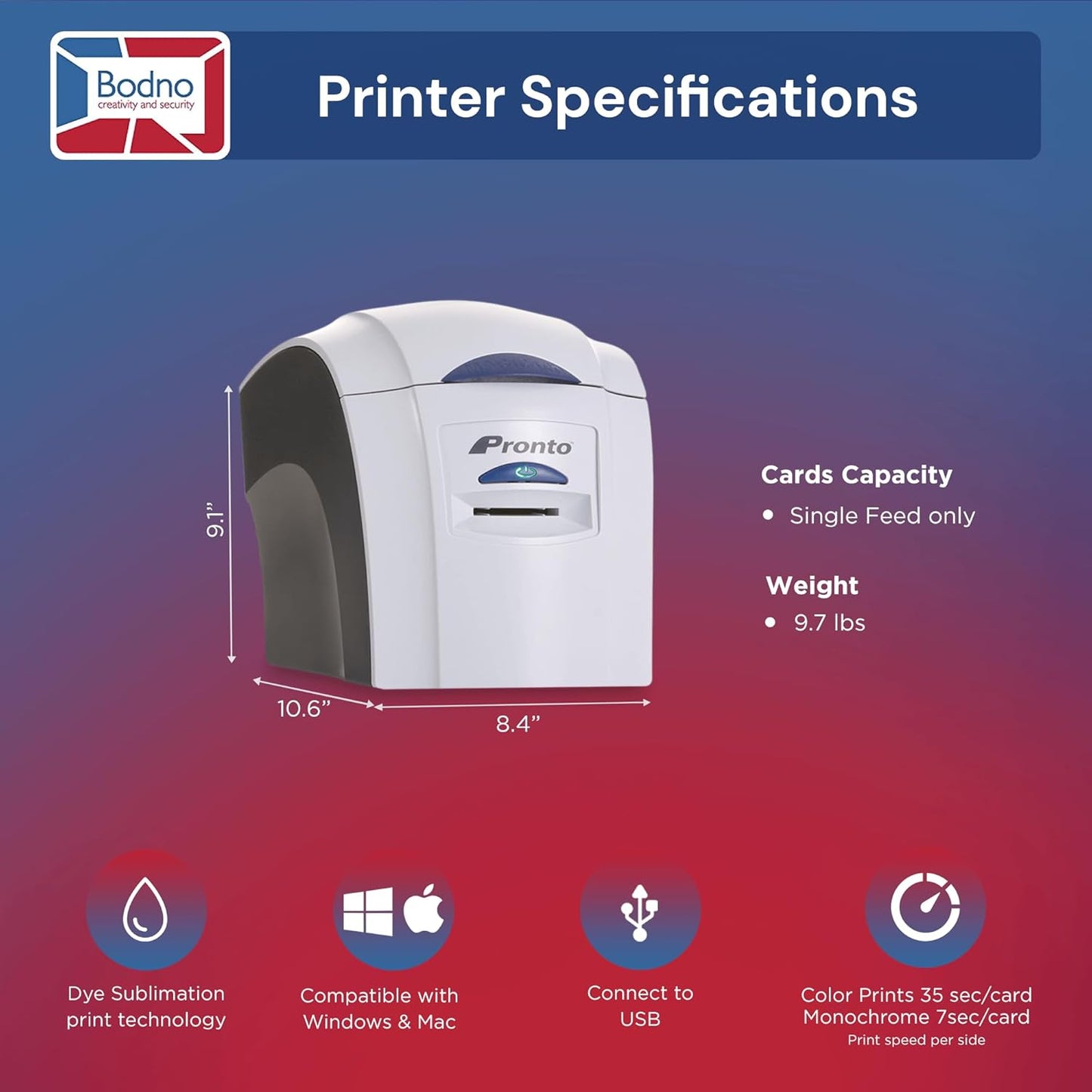 Bodno Magicard Pronto ID Card Printer & Complete Supplies Package ID Software - Silver Edition
