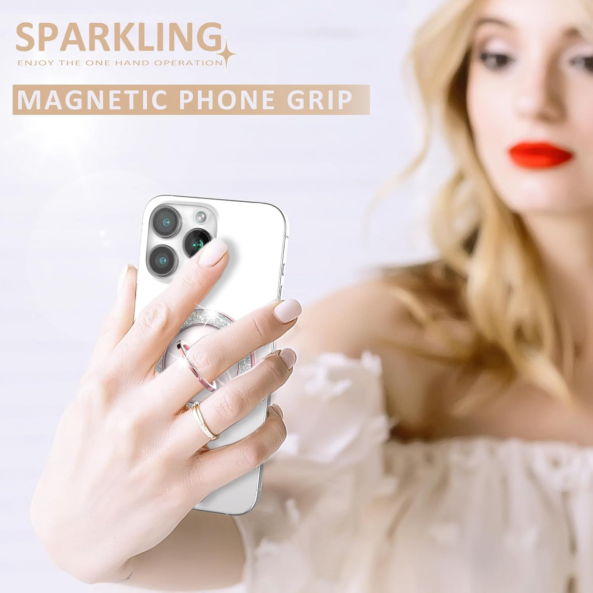 Magnetic Phone Ring Holder for MagSafe, Magnetic Phone Grip for iPhone, Compatible with iPhone MagSafe Wireless Charging. (Glitter Rose Gold)
