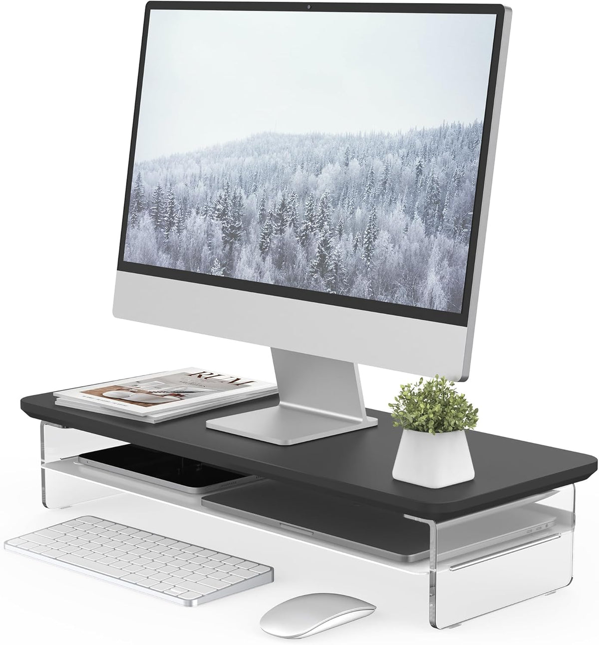 Fenge Acrylic Monitor Stand Riser, 23.6 Inches Monitor Stand with Metal Storage, 2 Tier Acrylic Computer Riser for Desk, Clear Laptop Stand for PC, Laptop, Printer, TV