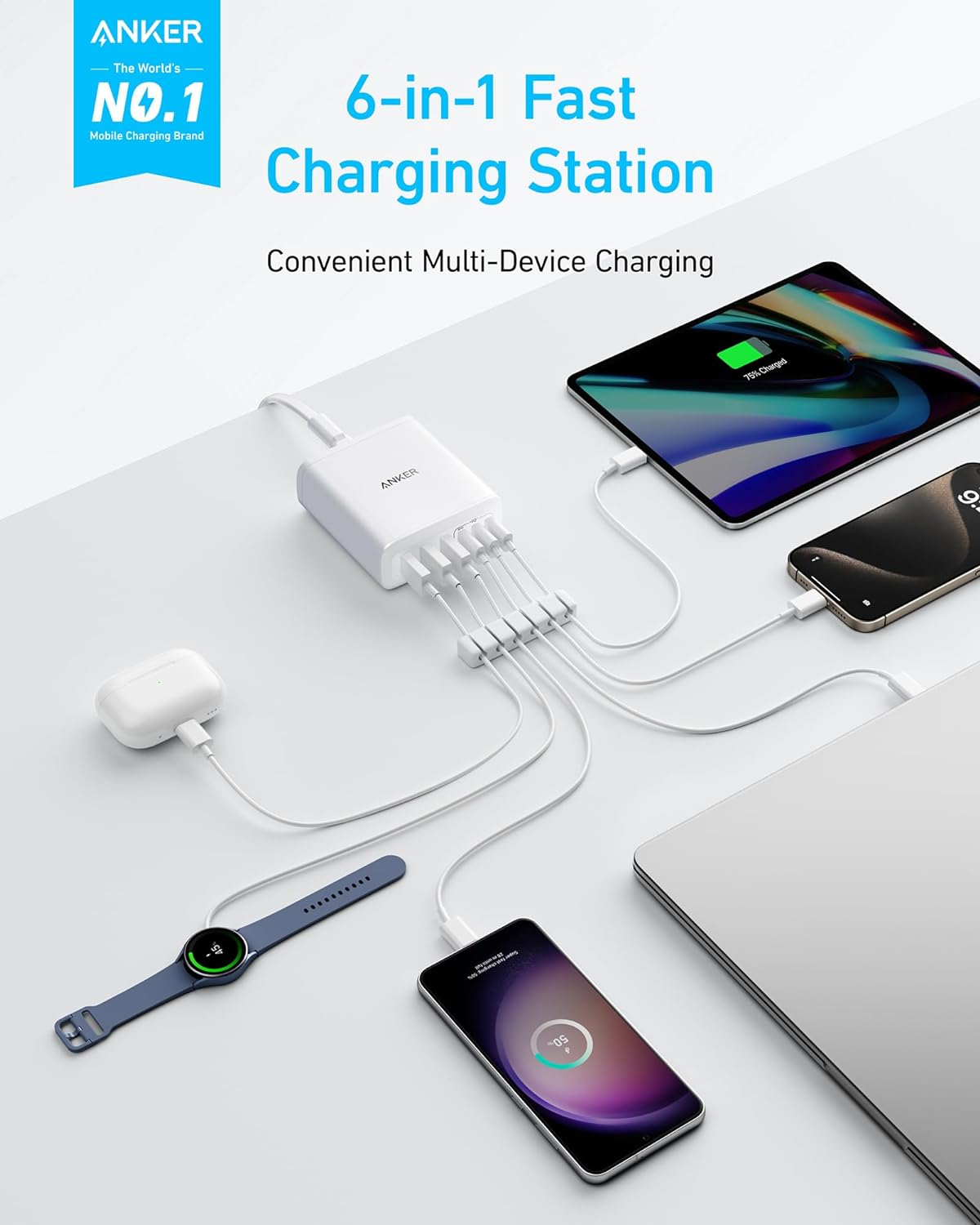 Anker Desktop Charger, Fast Charging USB C Charger, 112W Max 6-Port Charging Station, for iPhone, iPad, MacBook, Samsung and More (Cable Not Included)