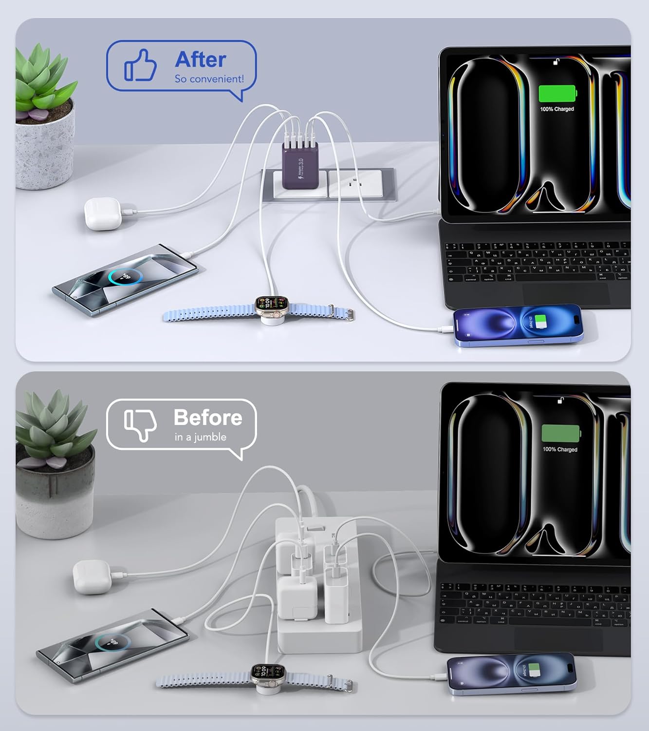50W 2-Pack USB C Wall Charger Block, 5-Port C Charger Fast Charging Block PD Power Adapter +QC 3.0 Multiport Type C Box Brick Cube USB A Wall Plug for iPhone 16/15/14/13 Pro Max,Samsung Galaxy(Purple)