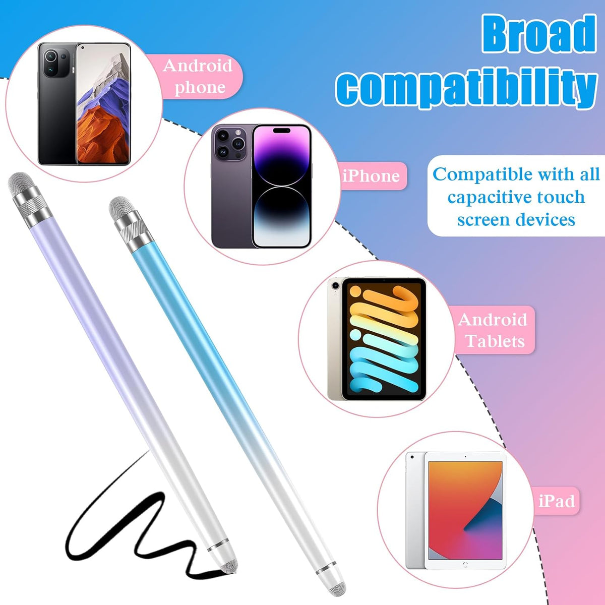 2PCS Stylus Pens for Touch Screens, Stylus Pen for iPhone/iPad/Tablet Android/Microsoft Surface, Compatible with All Touch Screens(Purple/Blue)