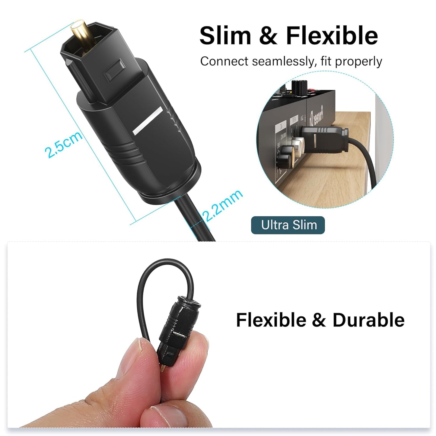 Adoreen Ultra-Thin Slim Digital Optical Audio Cable 50FT, Fiber Optic SPDIF Toslink Cord Gold-Plated High-Speed Flexible & Durable for TV Soundbar Home Theater Game Console PS4 Xbox Samsung +Ties