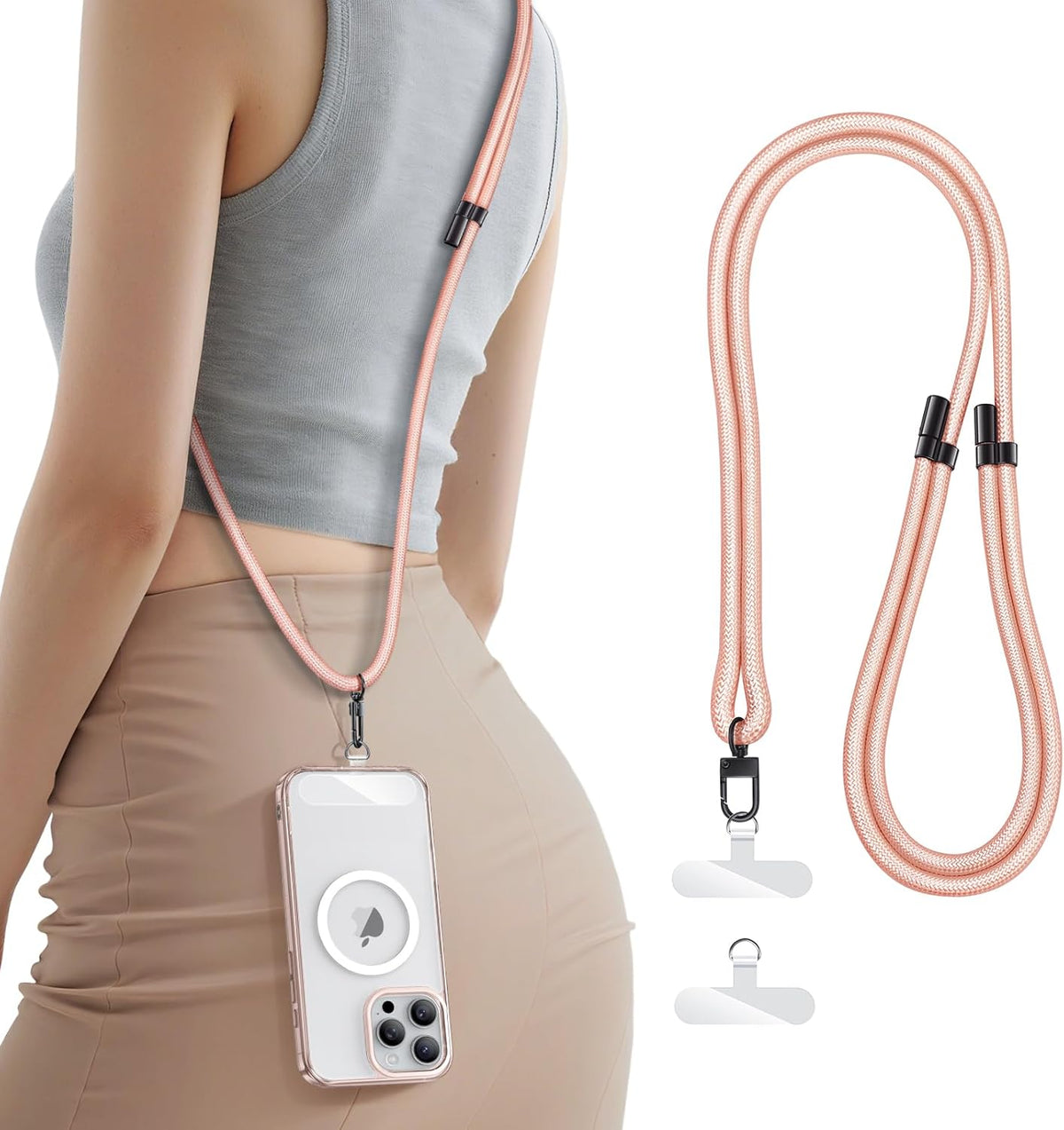 for Phone Lanyard Crossbody with 2X TPU Clear Phone Tabs, Retractable Cellphone Lanyard, Premium Metal Buckles, Skin-Friendly, Universal Wrist Strap Leash for Women Men,Pink-Gold