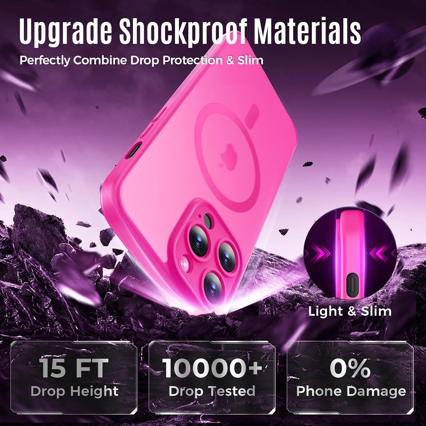 Designed for iPhone 12 Pro Case, Compatible with MagSafe, with Privacy Screen Protectors X2, [Camera Protection] [15FT Military Drop Protection] Shockproof Phone Case, 6.1", Hot Pink