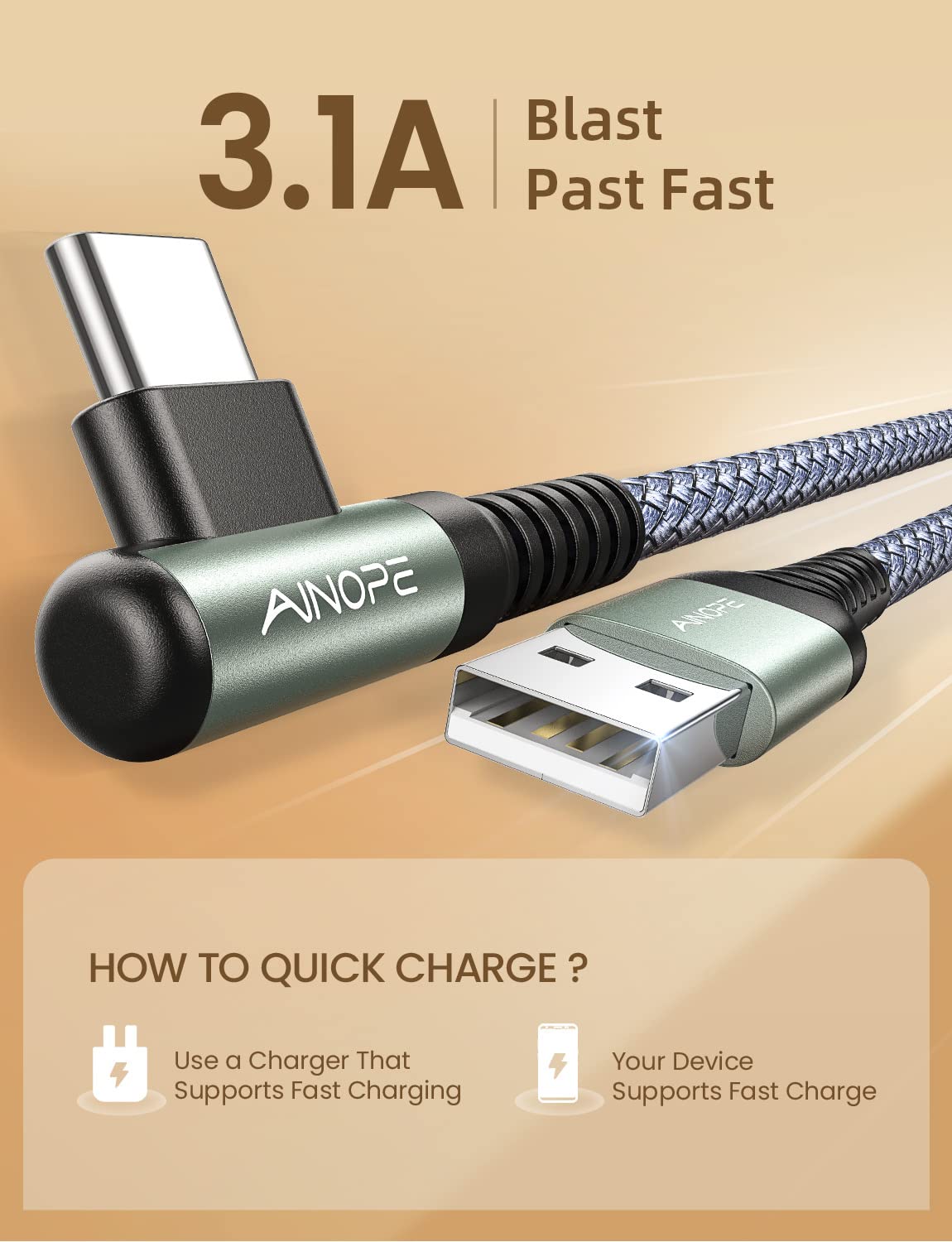 AINOPE USB C Cable 0.5ft, 3.1A Type C Charger Fast Charging Cable Right Angle, Durable Nylon Braided USB C Charging Cable Compatible with Galaxy S10 S9 Plus S21, Note 10 9 LG, Type C Charger Cable