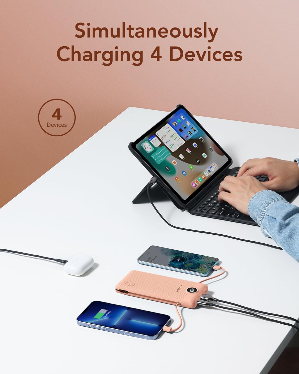 VEGER Portable Charger for iPhone Built in Cables and Wall Plug, 10000mah Slim Fast Charging USB C Power Bank, Travel Essential Battery Pack Compatible with iPhones, iPad, Samsung More Devices(Pink)