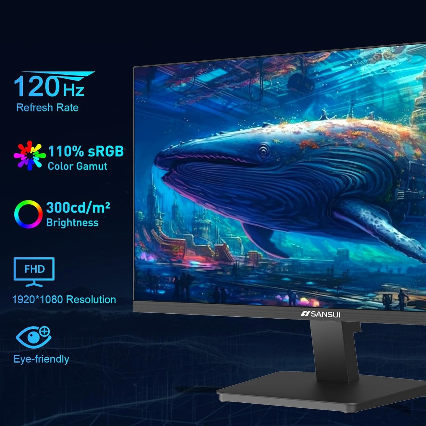 SANSUI 27 Inch Computer Monitor 120Hz, FHD 1080P Monitor, HDMI DP Ports FreeSync, HDR 110% sRGB, Tilt Adjustable Frameless VESA Compatible for Office and Home (ES-27F2, HDMI Cable Included)