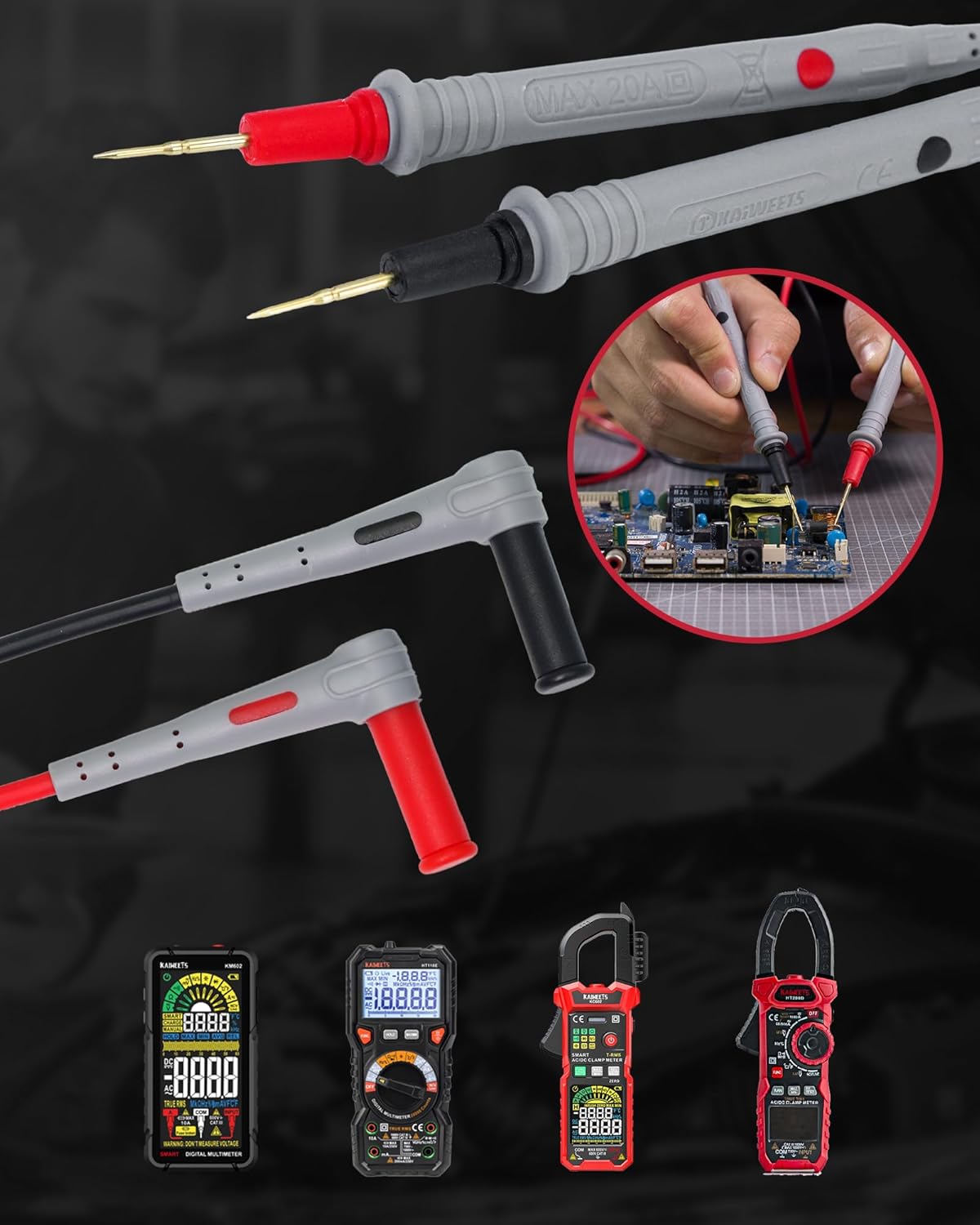 KAIWEETS Silicone Multimeter Test Leads with Gold-Plated Probes, 48 inch Long, CAT III 1000V CAT IV 600V 20A, Compatible with Volt Clamp Meter Electrical Testing Tools