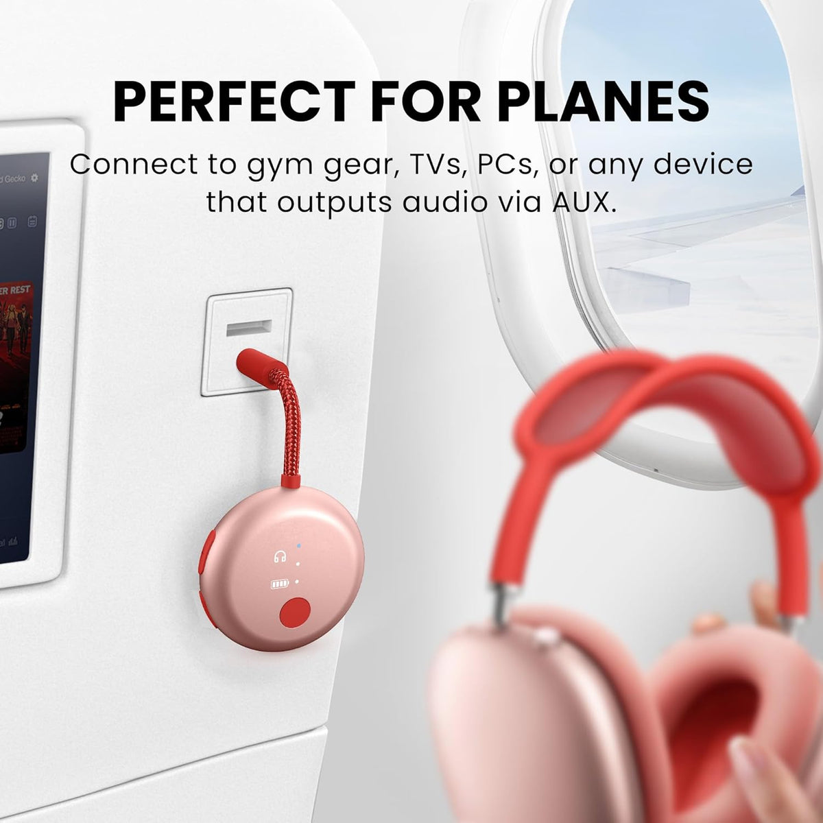 Avantree SoundJet R1 – Airplane Bluetooth Adapter for Headphones & AirPods, aptX Adaptive, Qualcomm Chipset, 20H Battery, Wireless Audio Transmitter for in-Flight Travel Essentials - Pink