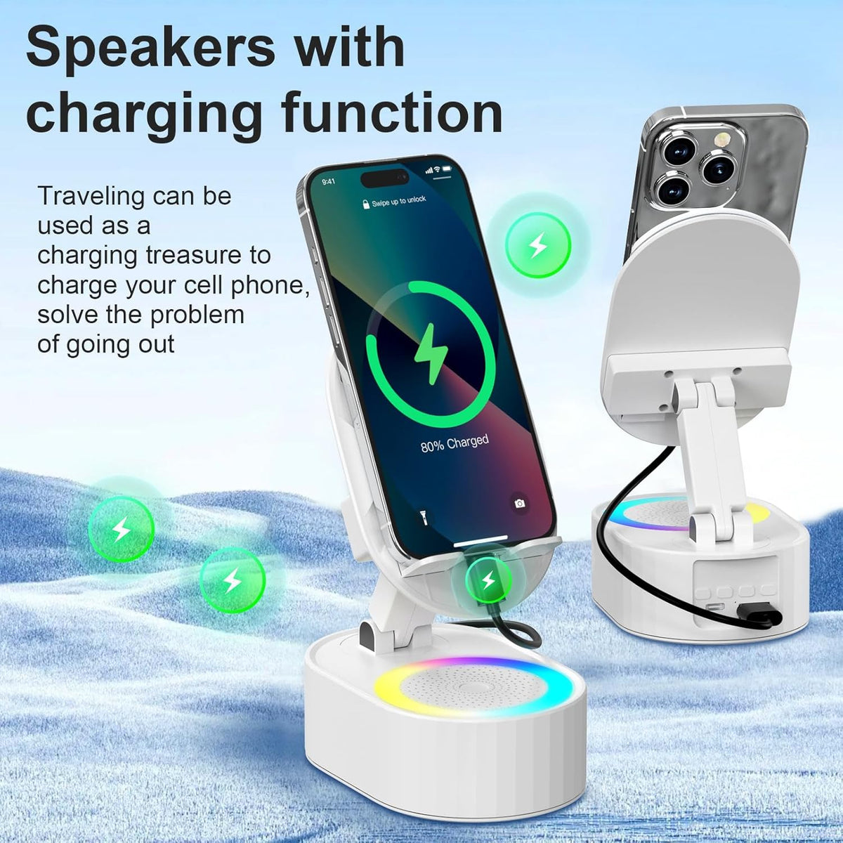 Wireless Induction Audio Bluetooth Speaker 5in1 Phone Holder Emergency Rechargeable (3000mAh) with Colorful Ambient Light 300° Foldable for Tablet iPhone Android, Gifts for Men Women (White)