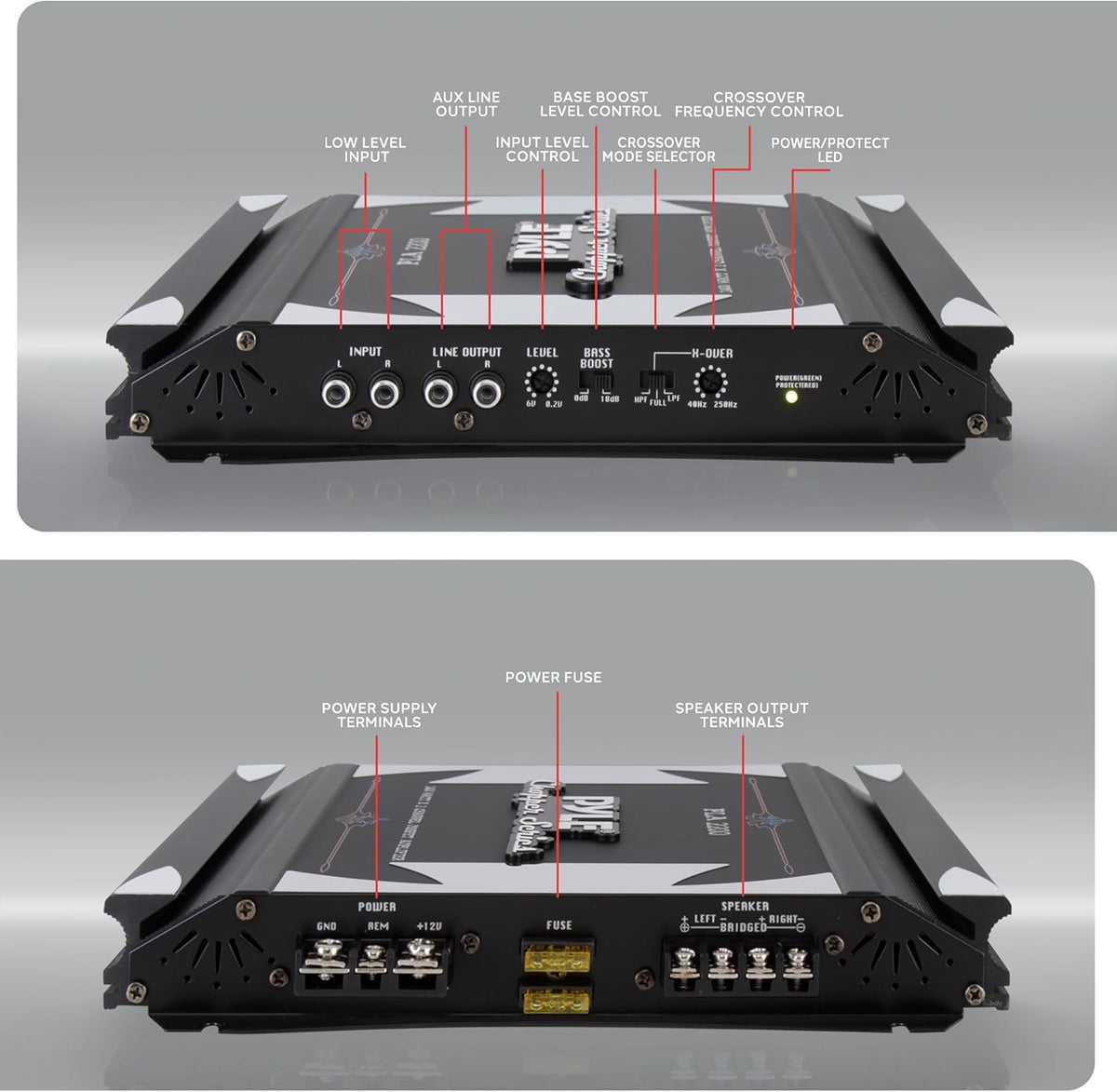Pyle 2 Channel Car Stereo Amplifier- 1400W Dual Channel Bridgeable High Power MOSFET Audio Sound Auto Small Speaker Amp w/ Crossover, Bass Boost Control, Gold Plated RCA Input Output, Black - PLA2200