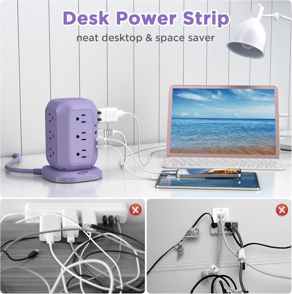 USB C Power Strip Tower, Surge Protector with 12 AC Outlet and 4 USB Ports, AiJoy 10 FT Extension Cord, 1200J Power Strip Surge Protector, USB Charging Station, Office Supplies, Dorm Essentials, Woman