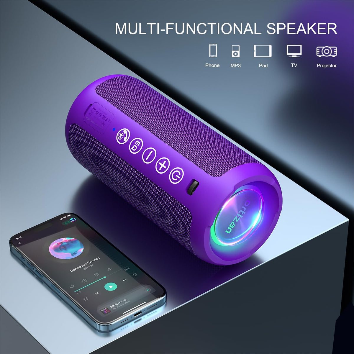 Ortizan Portable Bluetooth Speaker: IPX7 Waterproof, 24W Loud Sound, Deep Bass, Bluetooth 5.3, LED Lights, Wireless Stereo Pairing, 30H Playtime, for Home/Outdoor/Party/Beach, Birthday Gift (Purple)