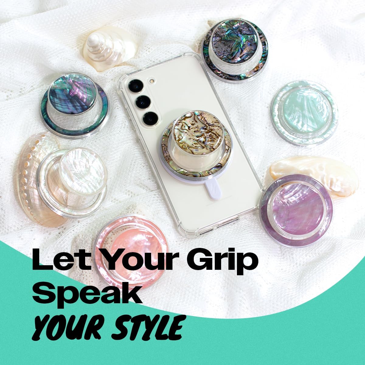 OnTheGrip Cute Natural Seashell Design Round Shape Collapsible Mobile Phone Grip Stand Holder for Smartphone Tablet Cell Phone Accessory (Crème)