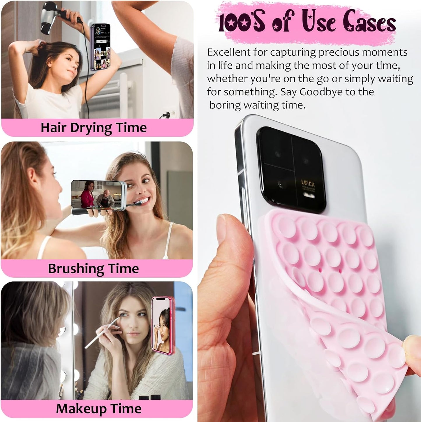 2 Pack Silicone Suction Cup Phone Case Mount Double Sided, Hands-Free Strong Grip Silicon Phone Holder, Non Slip Phone Accessories for Selfies and Videos (Black)
