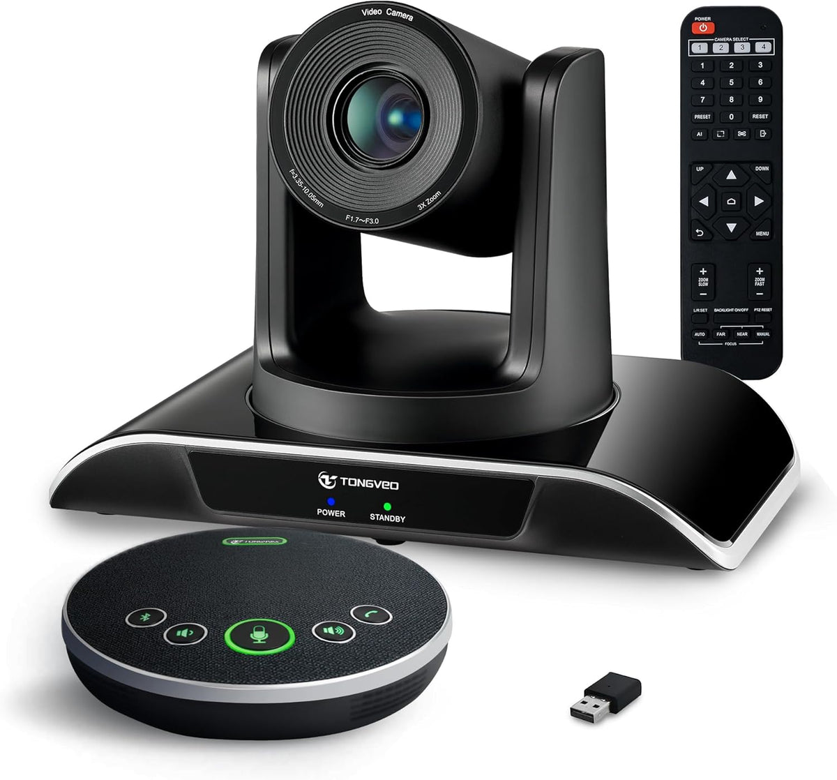 TONGVEO All-in-One Conference Room Video Camera System Bundle HD 1080P 60fps 3X Optical Zoom USB3.0 HDMI PTZ Camera and Bluetooth Conference Speakerphone with Microphones