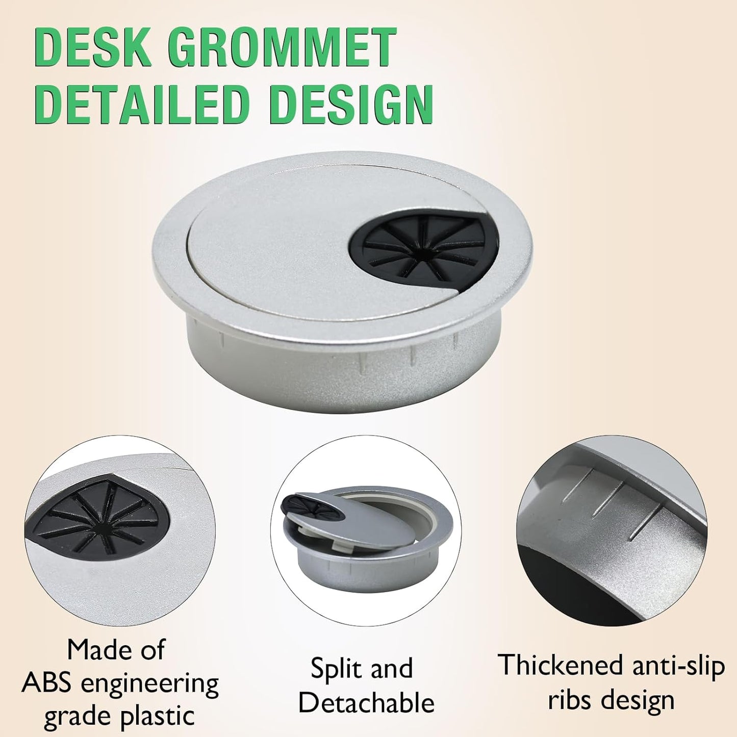 5 Pcs Desk Grommet 2-3/8" / 60 mm, Desk Cord Hole Cover, Cable Grommet ABS Plastic, Desk Hole Grommet for Home & Office Pc, Detachable Cable Cord Organizer-Silver Sand