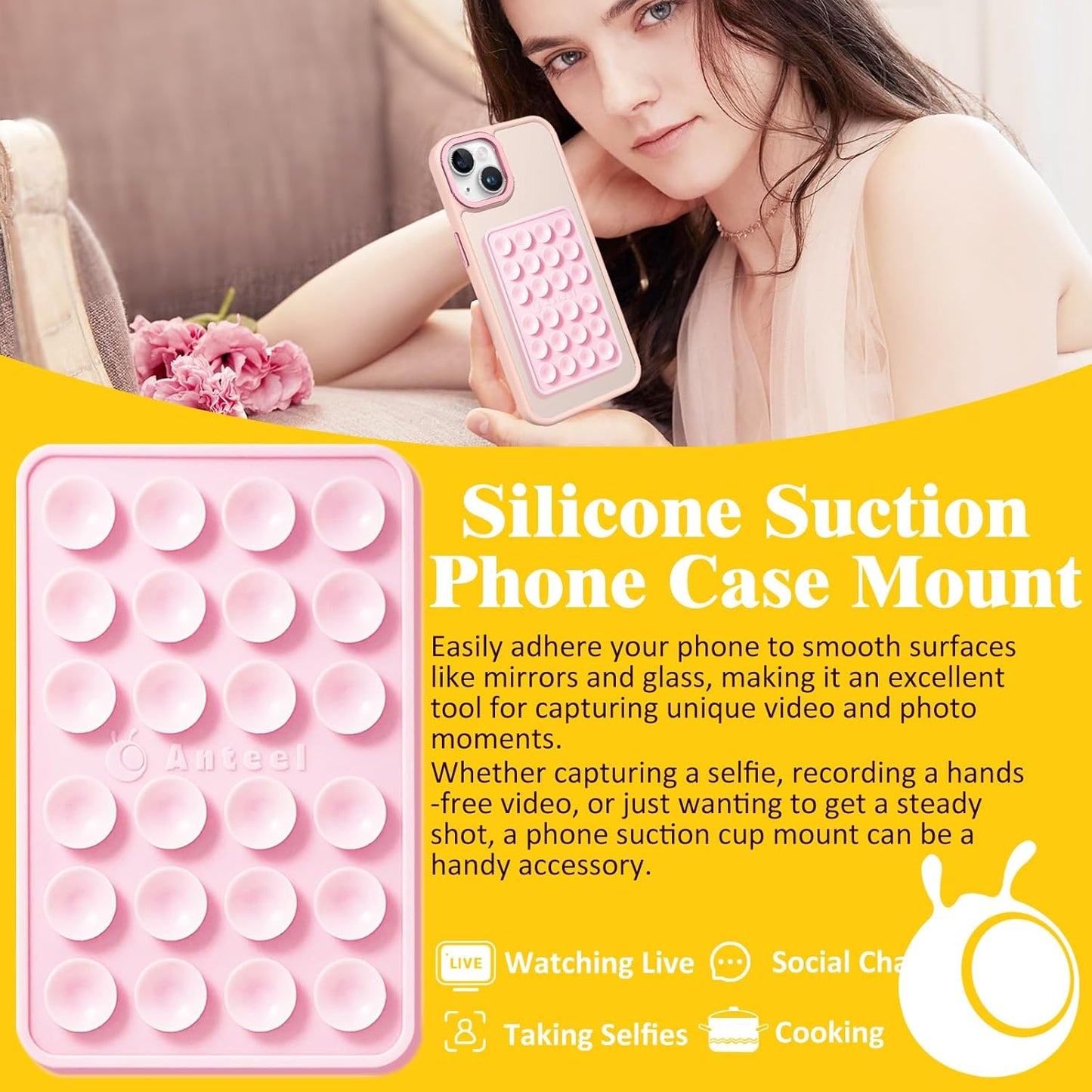 Anteel MAX Silicone Suction Phone Case Adhesive Mount, Upgraded Super Strong Grip, Durable, Easy to Use, Hands-Free Sticky Phone Holder for Selfies, Tiktok Videos, 2.56"x3.94" (LPK&WHT)