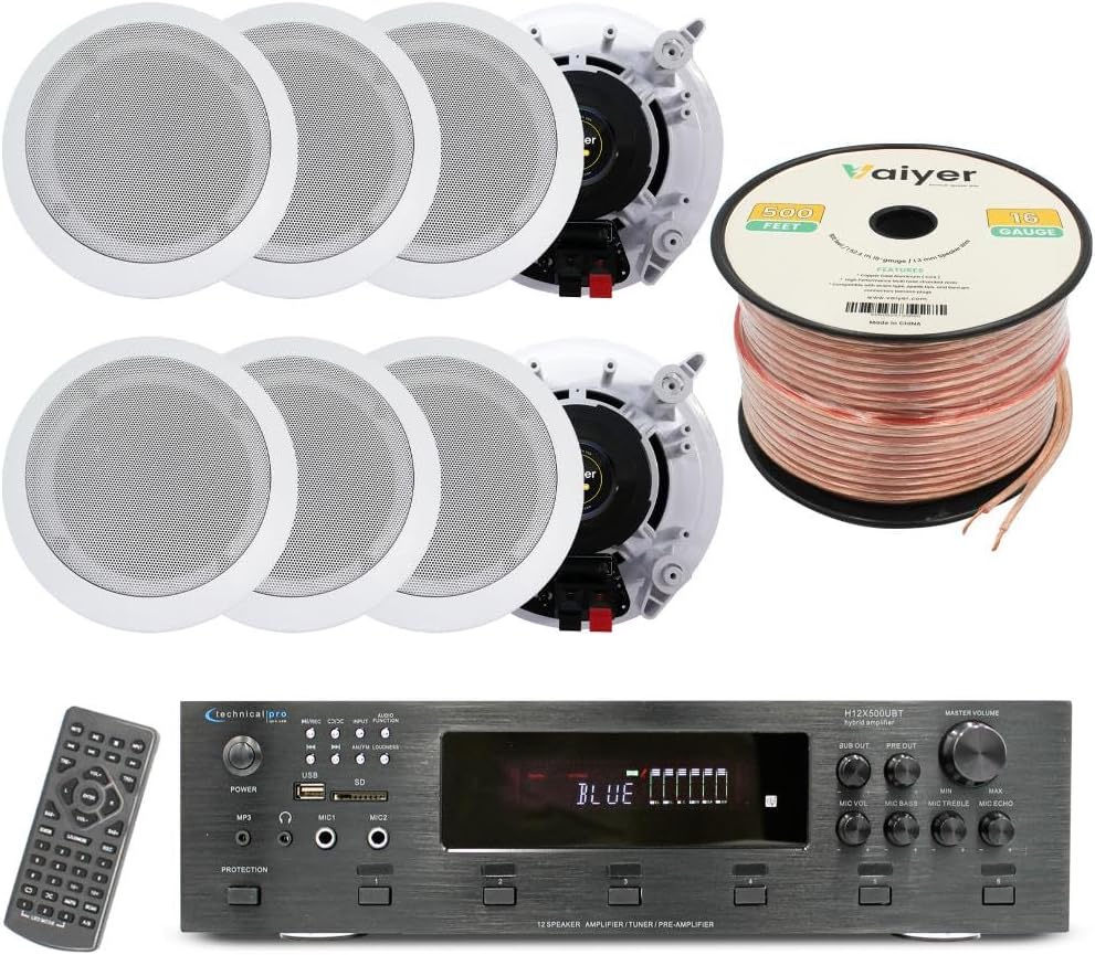 Vaiyer Home Audio System Kit, 6-Channel 6000 Watts Bluetooth Amplifier with 6.5" 8 QTY of 200 W Each in-Wall in-Ceiling Speakers & 16AWG 500 ft. Speaker Wire Perfect for Home, Office, Restaurants, Bar