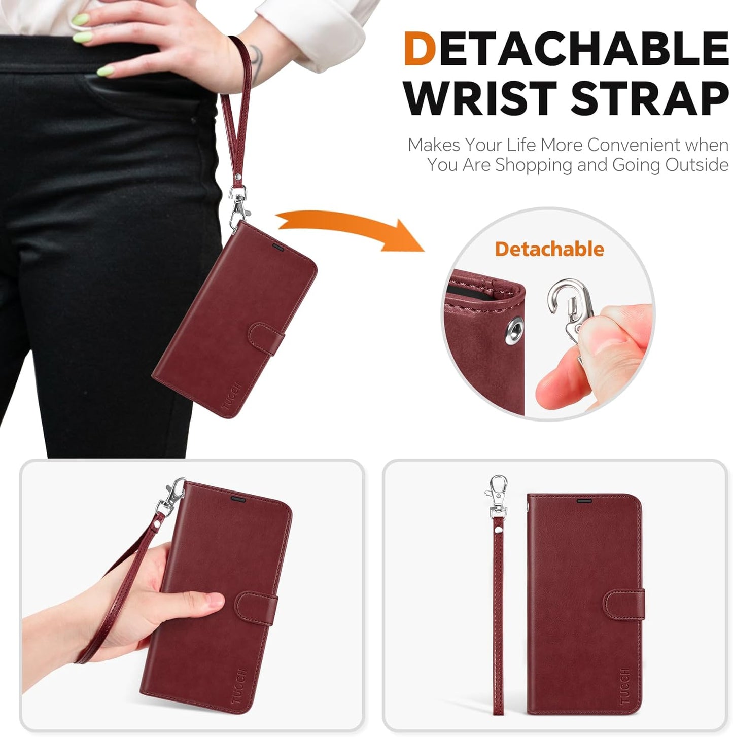 TUCCH Case Wallet for Galaxy S25 Plus, Detachable Wrist Strap [Wireless Charging] RFID Blocking 4 Card Holder, Removable Stand PU Leather Flip Shockproof Phone Cover for Galaxy S25 Plus 6.7", Dark Red