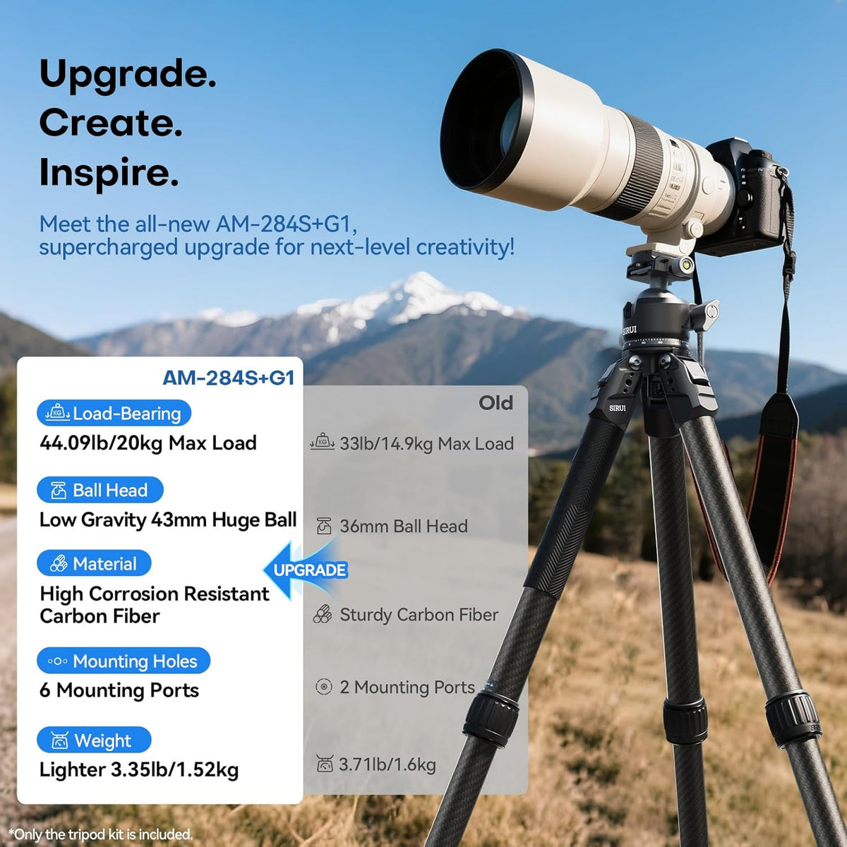 SIRUI Professional Travel Carbon Fiber Tripod 20kg/44lbs Load, Max Tube Dia 29.44mm, Max 128cm/50.4" Height with 43mm Low-Profile Ball Head for DSLR/Mirrorless/Video (AM-284S+G1)