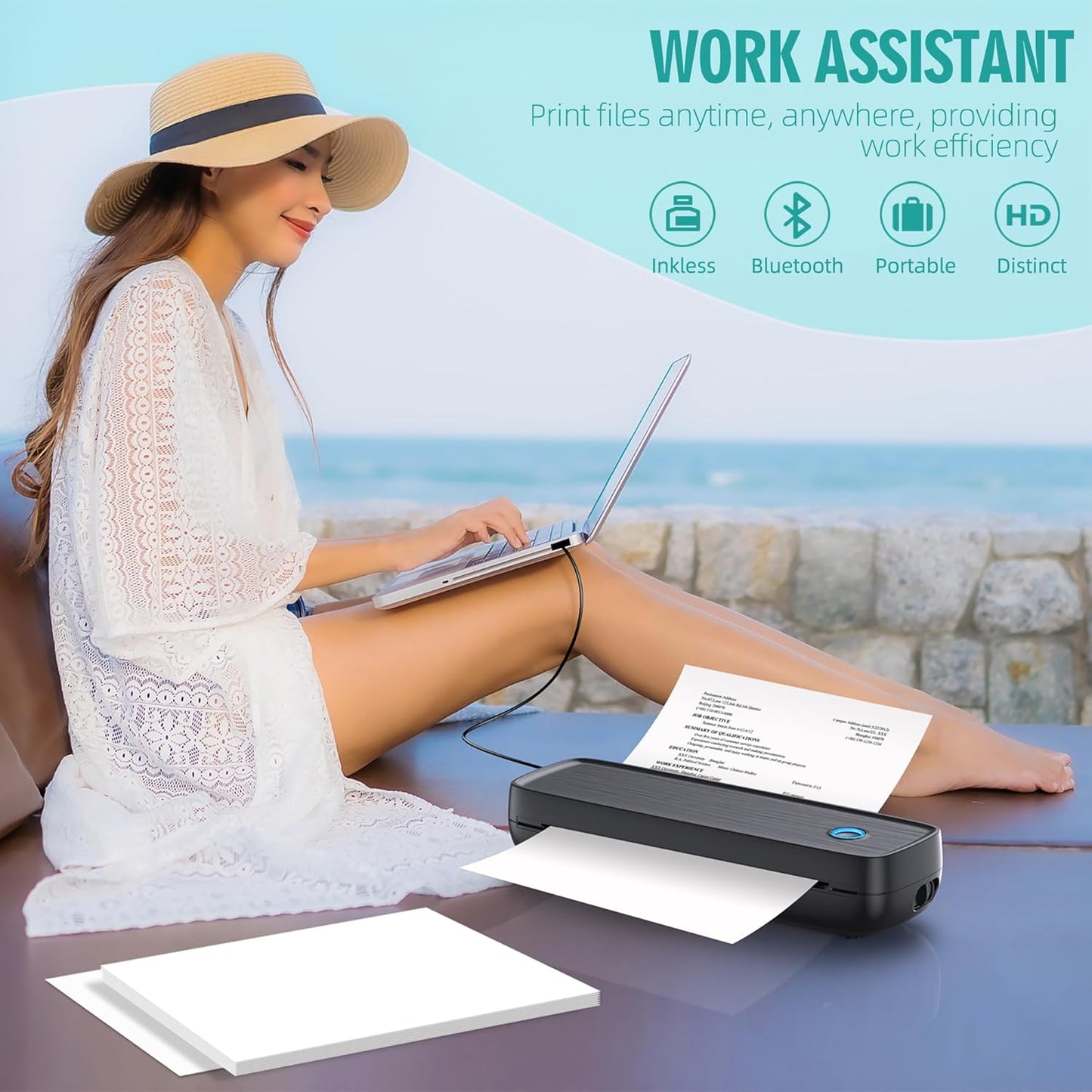Aixiqee Portable Wireless for Travel - High Resolution Inkless Thermal Printer, 4200mAh Battery, Bluetooth & USB Compatible (A4, A5, 2/3/4", Letter, Legal) - Mini Printer for Stickers & Labels
