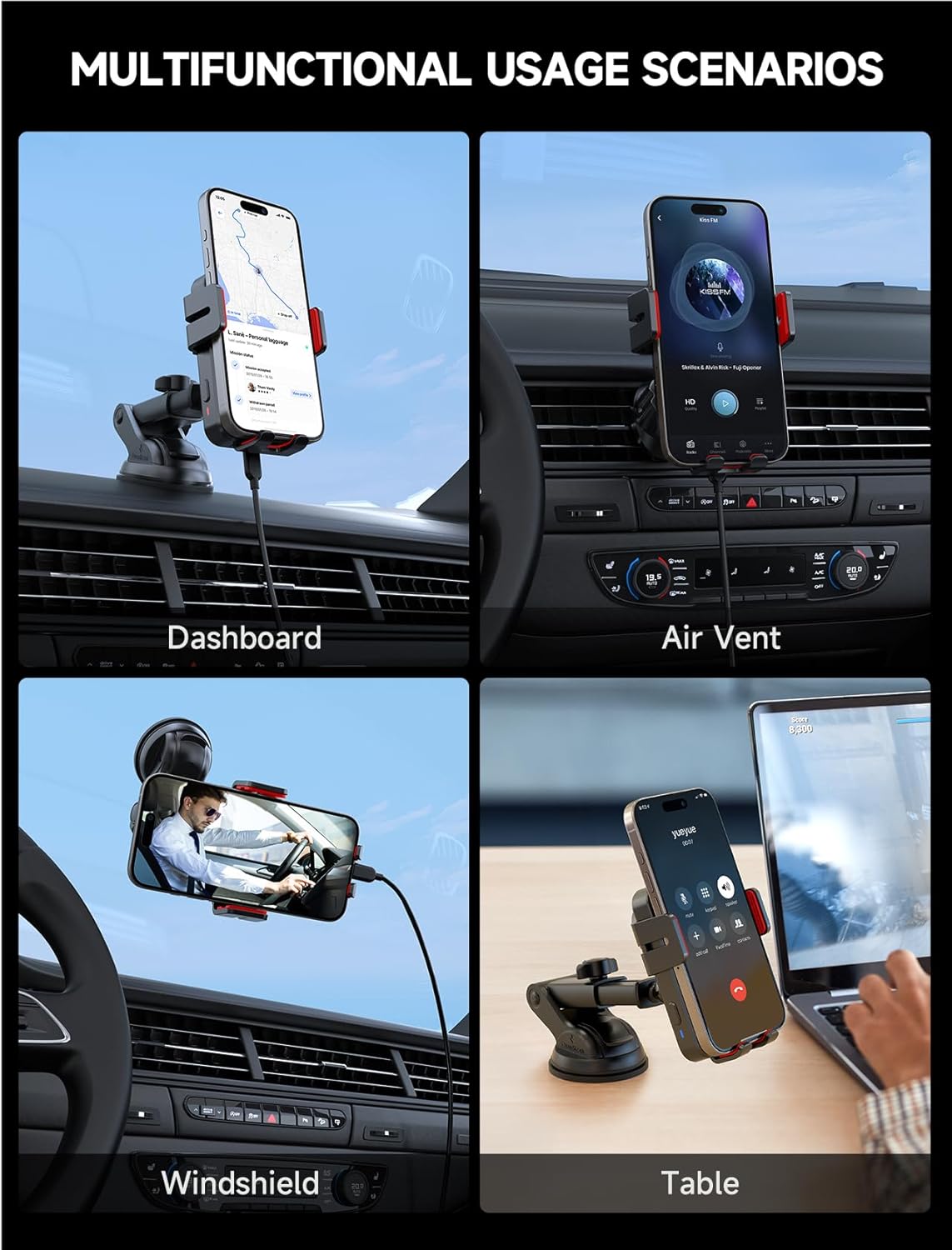 MOKPR Wireless Car Charger, 15W Auto Clamping Car Charger Dash Windshield Air Vent Phone Holder Compatible with iPhone 16 15 14/13/13 Pro/12 pro/12/11/X/8, Samsung S24/S23/S22, red